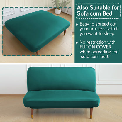 SereneSolids Stretchable Elastic Armless Sofa Cover – 140 GSM, Futon Slipcover, Easy Fit, Teal