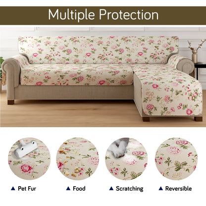 HomeHues Series Quilted Sofa Cover with Secure Fit Belt for L Shape sofa, Beige Peonies