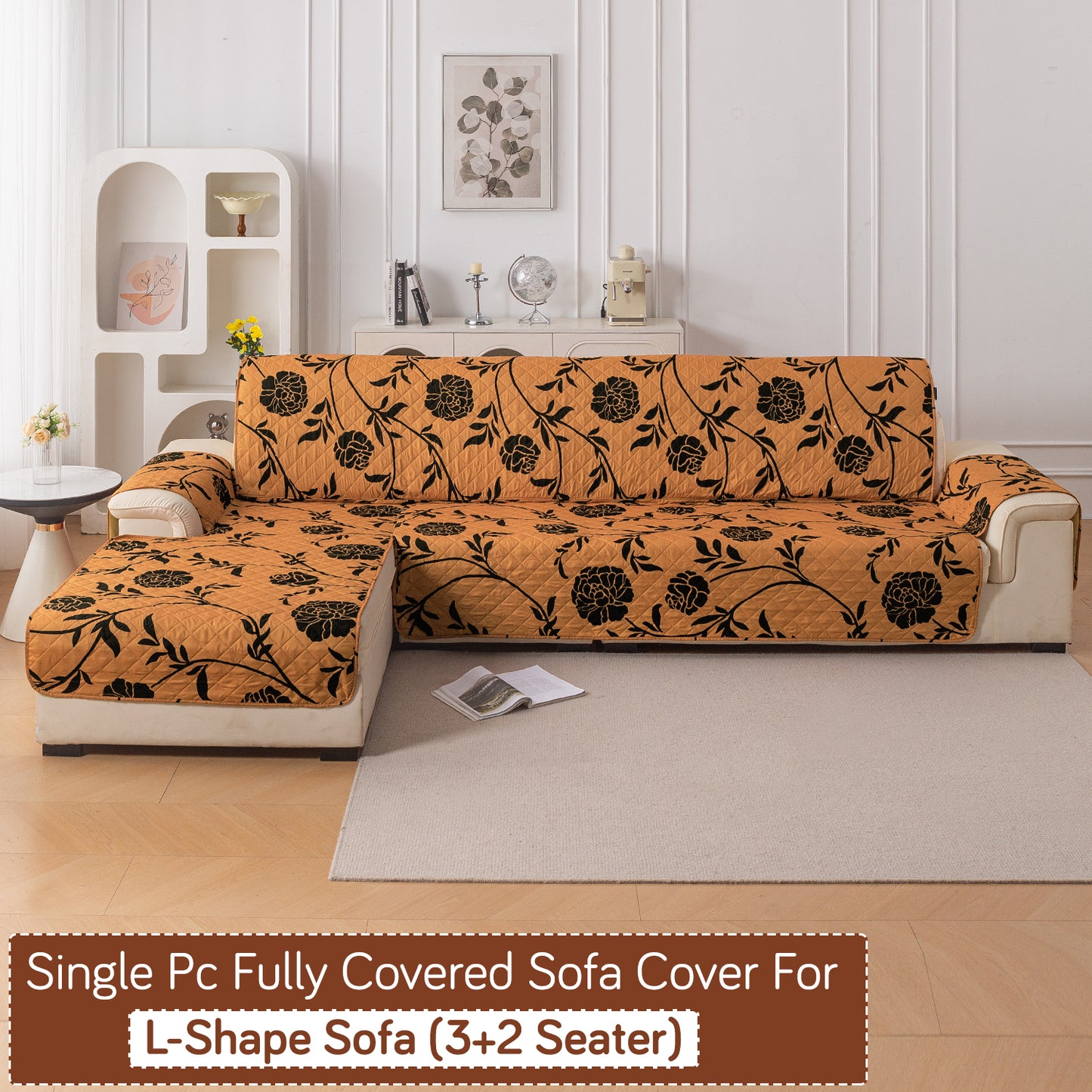 Elira Series Quilted One-Piece L Shape Sofa Cover Mat with Left and Right Chaise, Copper Brown Floral