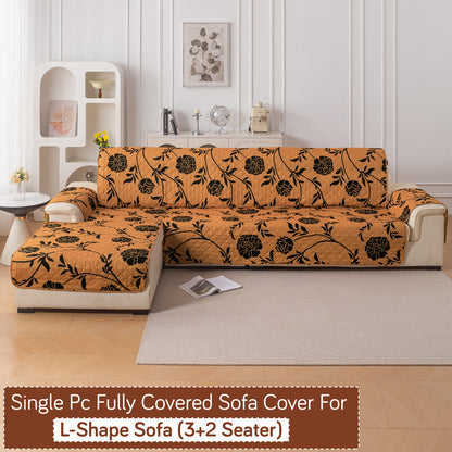 Elira Series Quilted One-Piece L Shape Sofa Cover Mat with Left and Right Chaise, Copper Brown Floral