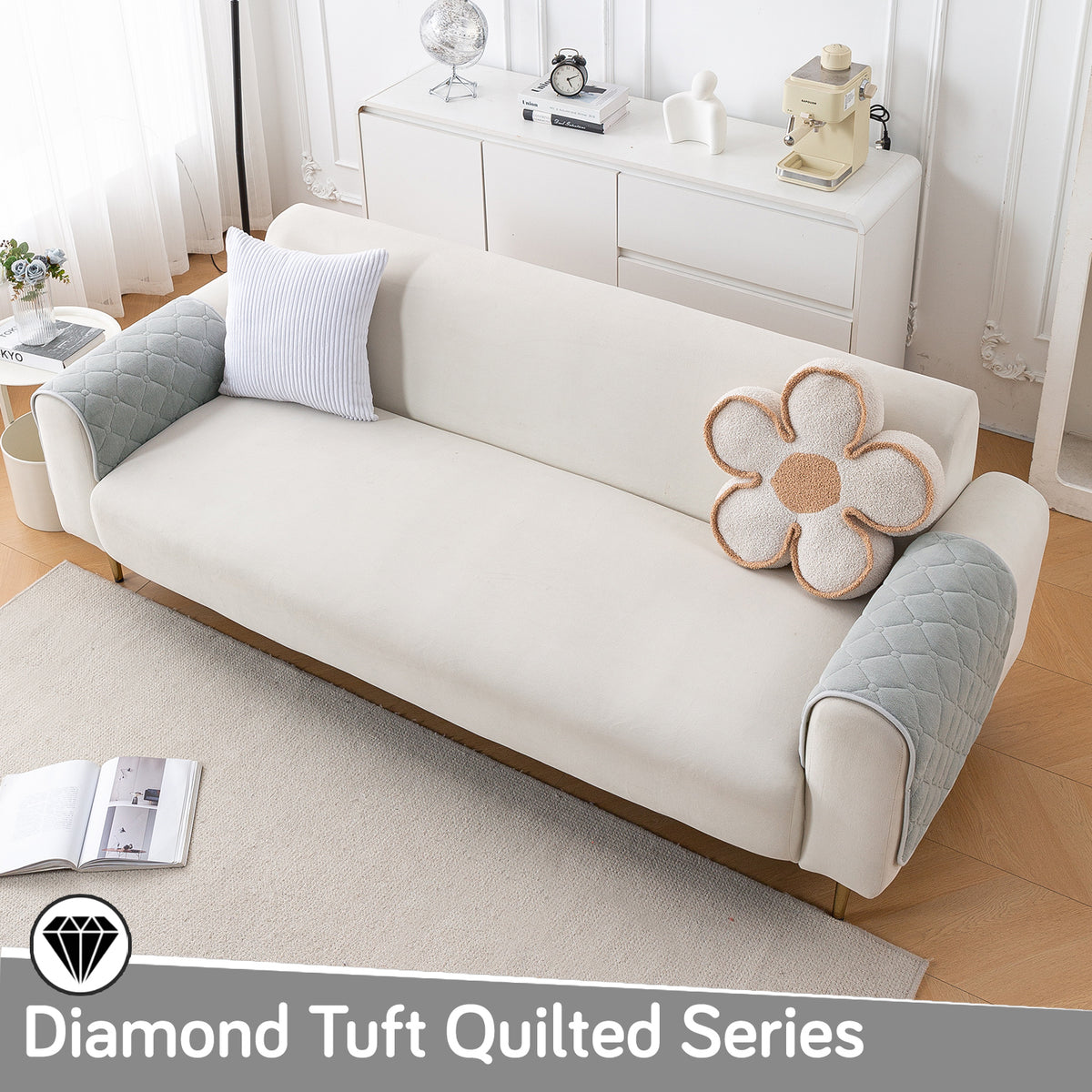 Diamond Tuft Plush Sofa Cover Mat, Mist Grey
