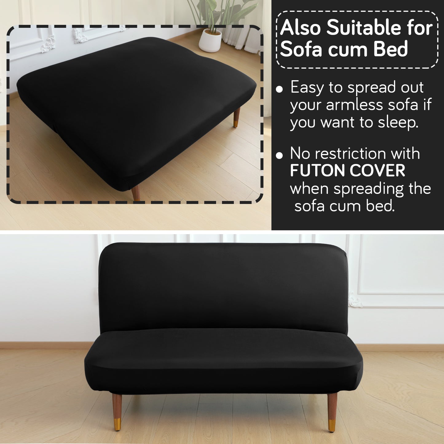 SereneSolids Stretchable Elastic Armless Sofa Cover – 140 GSM, Futon Slipcover, Easy Fit, Black