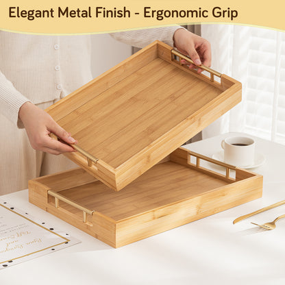 Bamboo Set of 2/3 Serving Tray Set with Gold Handles – Elegant Wooden Trays for Kitchen