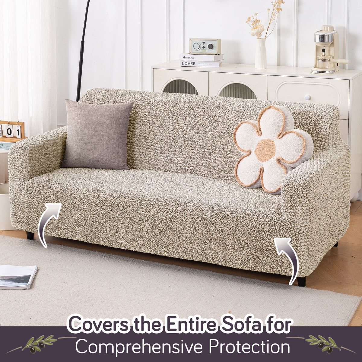 Italian Belissia Luxe Series' Super Stretchable Microfiber 1/2/3 Seater Sofa Cover, Snow Cream