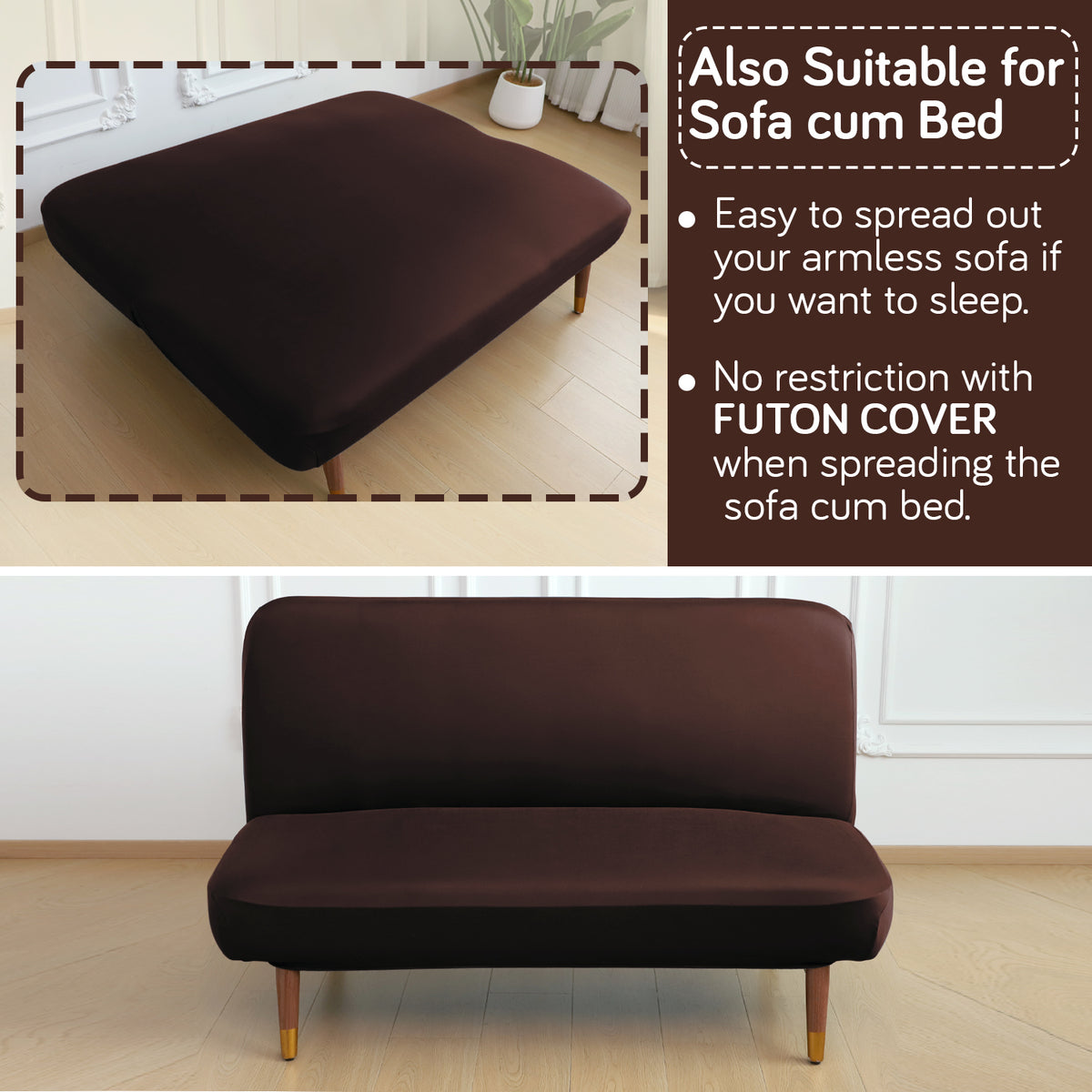 SereneSolids Stretchable Elastic Armless Sofa Cover – 140 GSM, Futon Slipcover, Easy Fit, Coffee