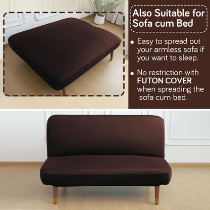 SereneSolids Stretchable Elastic Armless Sofa Cover – 140 GSM, Futon Slipcover, Easy Fit, Coffee