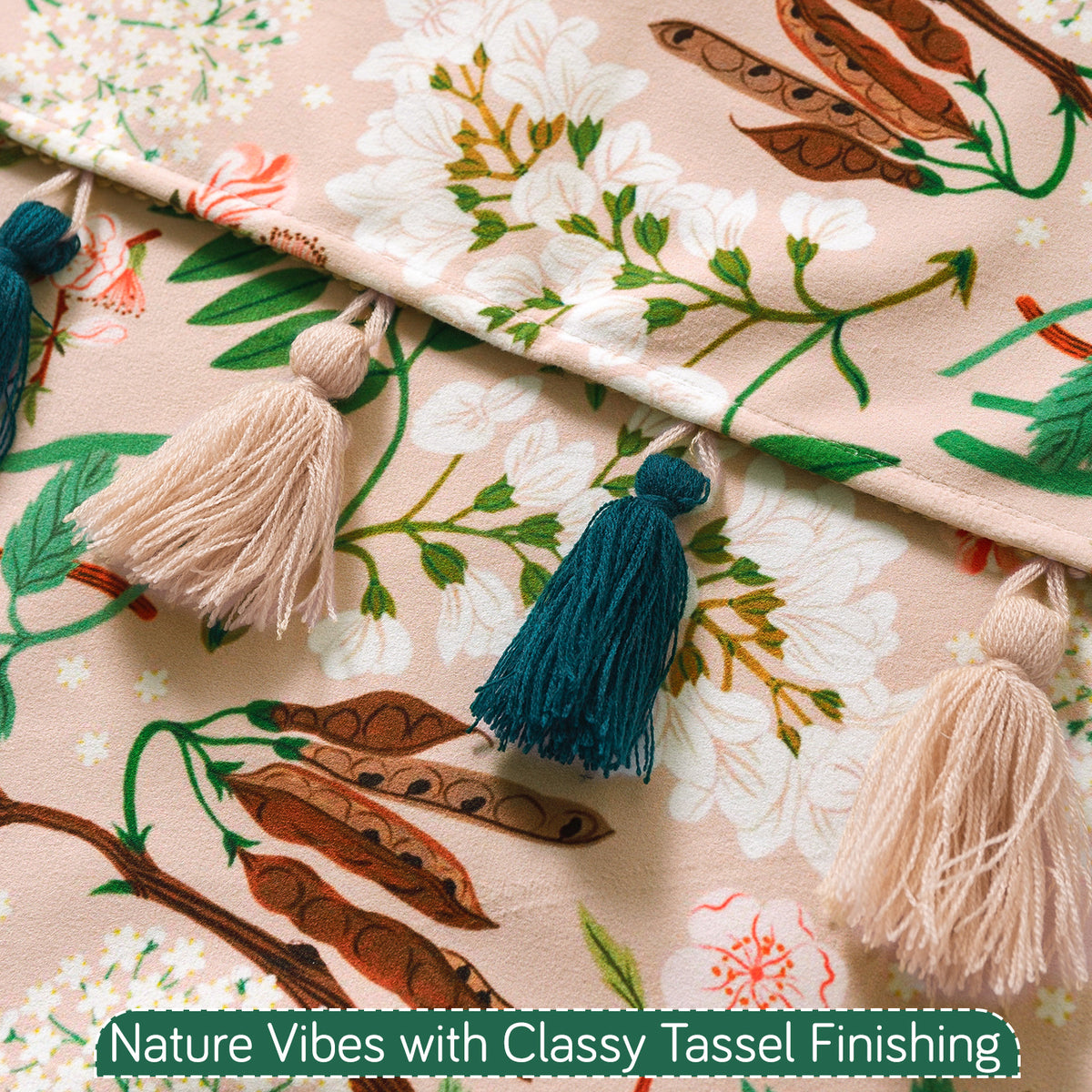 Whispers of Nature' Series Holland Velvet L Shape Sofa Cover Seat Mat with Tassels, Beige Woodland Bloom