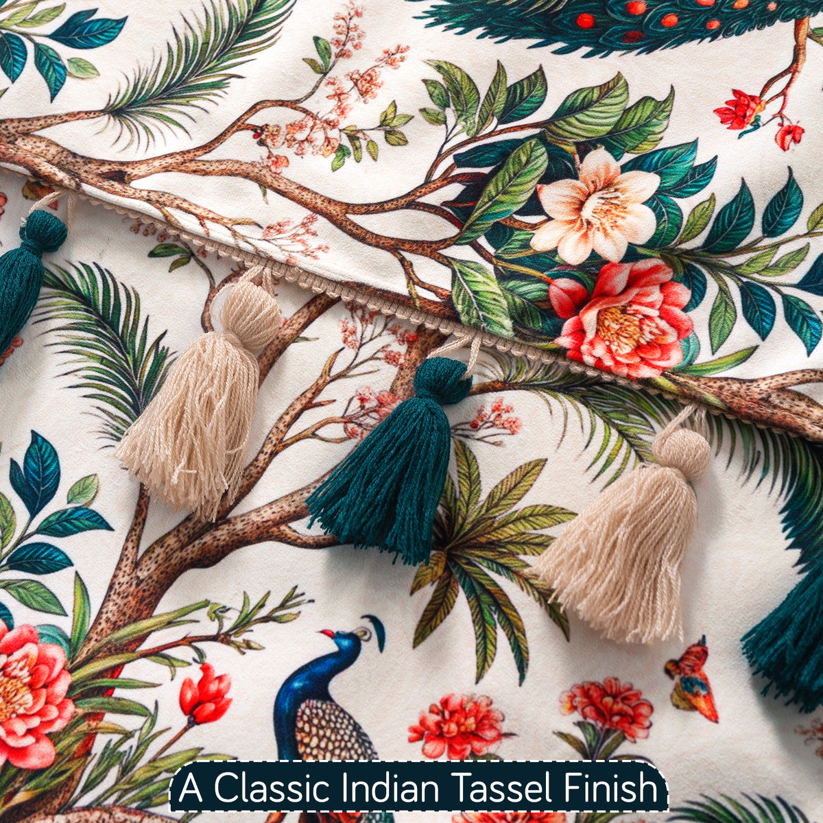 Whispers of Nature' Series Holland Velvet L Shape Sofa Cover Seat Mat with Tassels, Multicolor Tropical Peacock