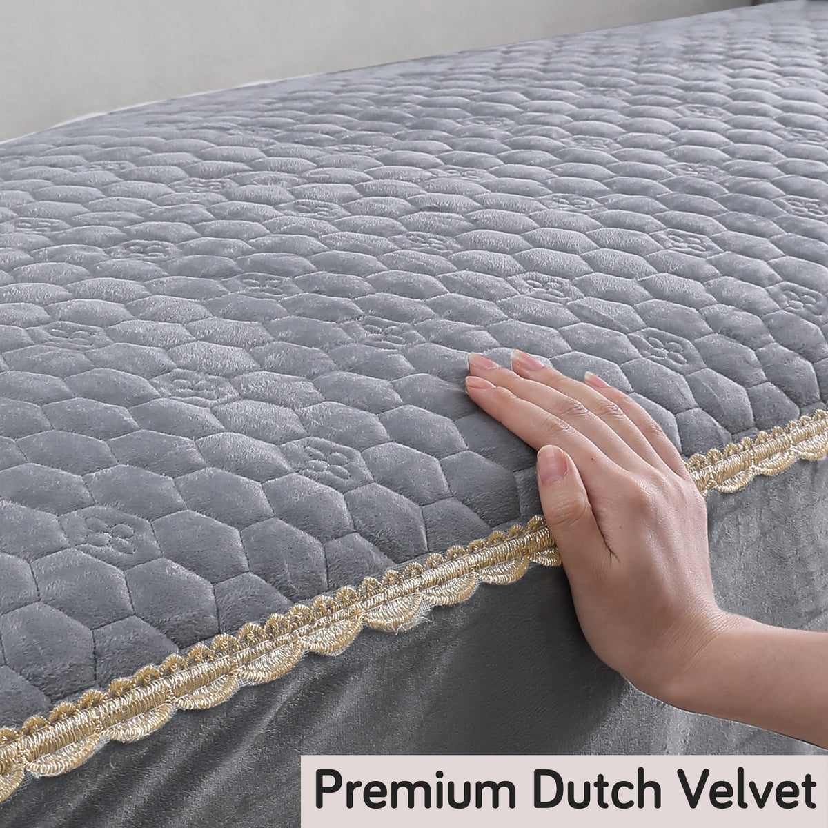 Dutch Noir Velvet with Lace Sofa Cover Mat, Light Grey