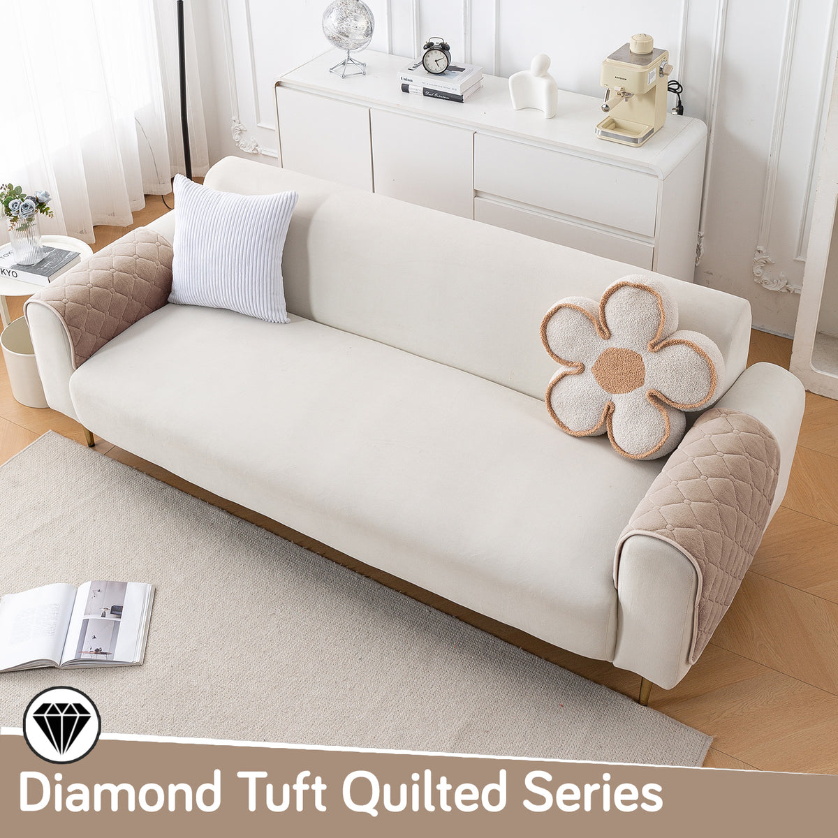 Diamond Tuft Plush Sofa Cover Mat, Warm Taupe