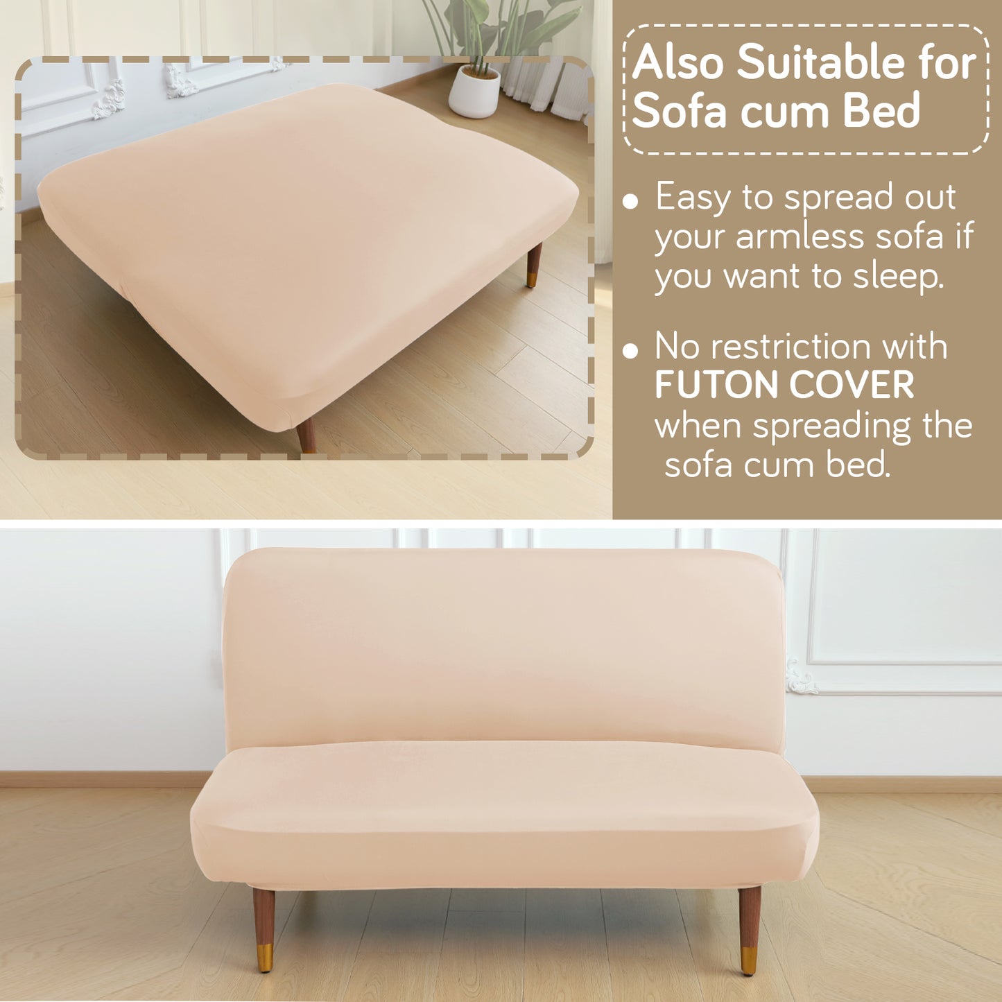 SereneSolids Stretchable Elastic Armless Sofa Cover – 140 GSM, Futon Slipcover, Easy Fit, Beige