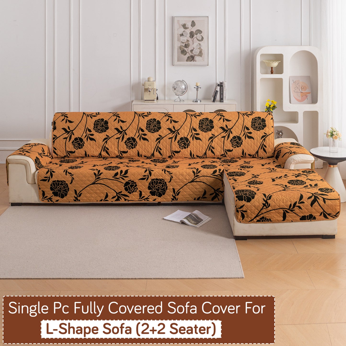 Elira Series Quilted One-Piece L Shape Sofa Cover Mat with Left and Right Chaise, Copper Brown Floral
