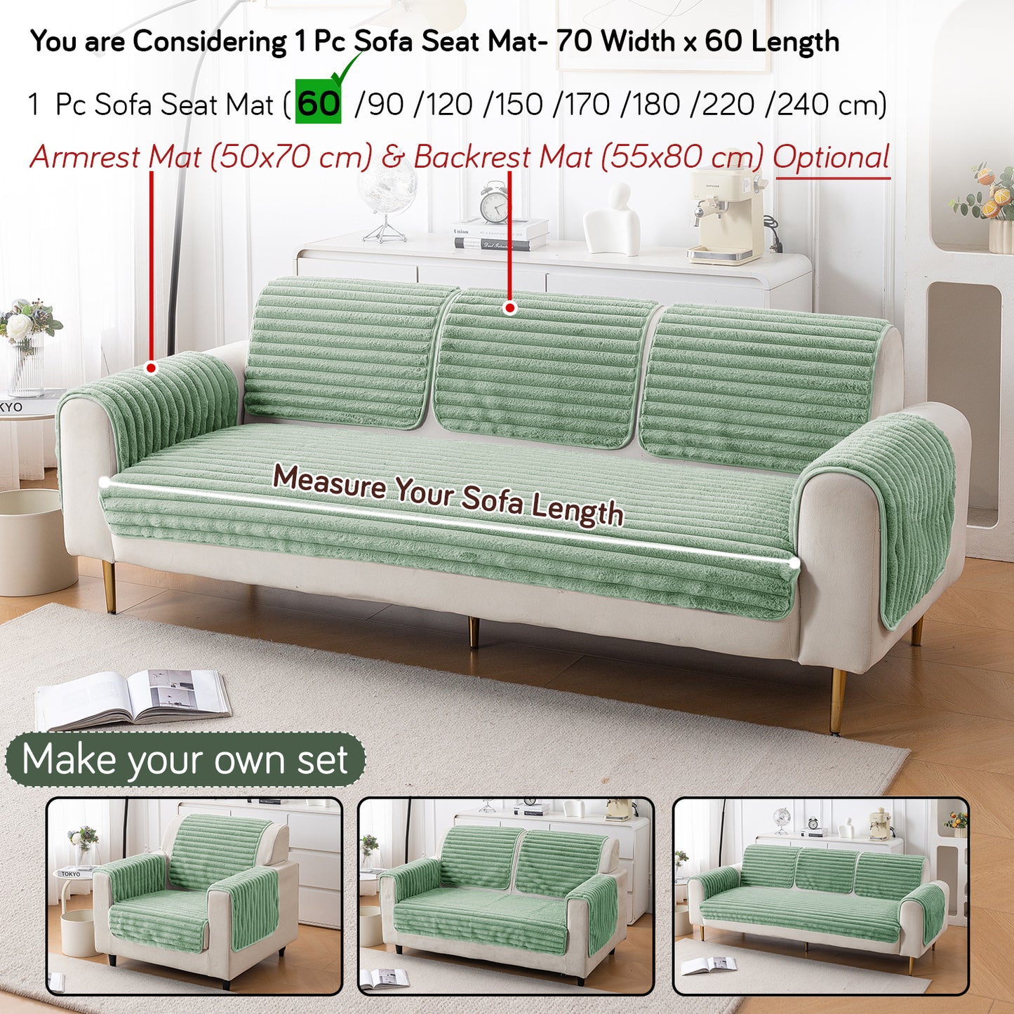 Faux Rabbit Fur Plush Anti-Slip Sofa Mat |Snuggle Fur Sage Green