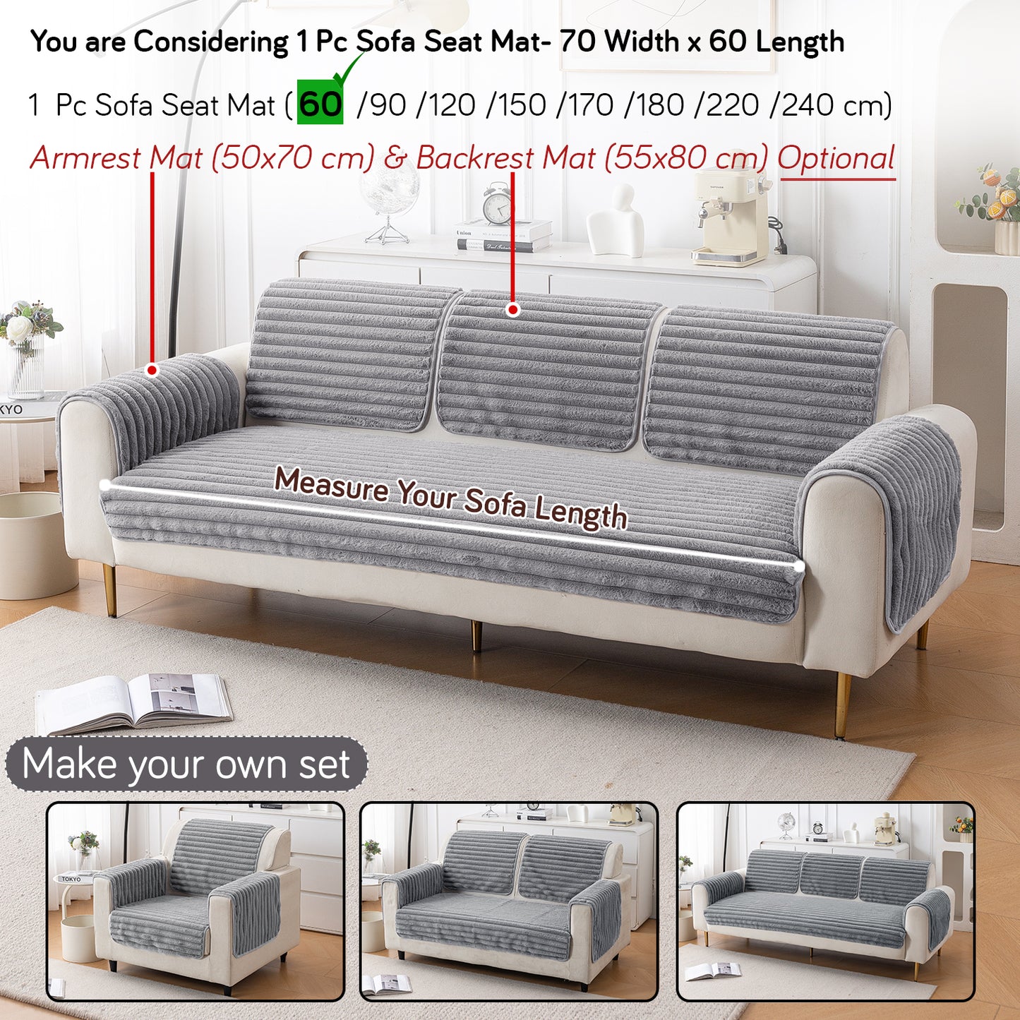 Faux Rabbit Fur Plush Anti-Slip Sofa Mat |Snuggle Fur Grey