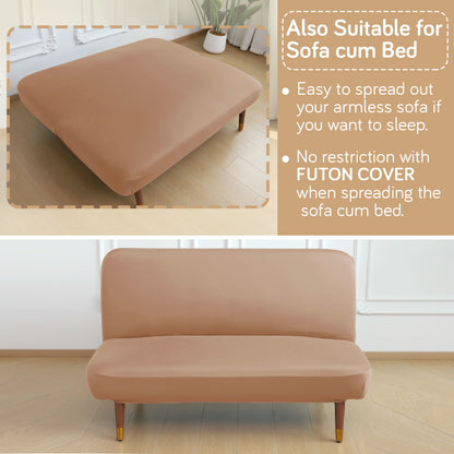SereneSolids Stretchable Elastic Armless Sofa Cover – 140 GSM, Futon Slipcover, Easy Fit, Camel