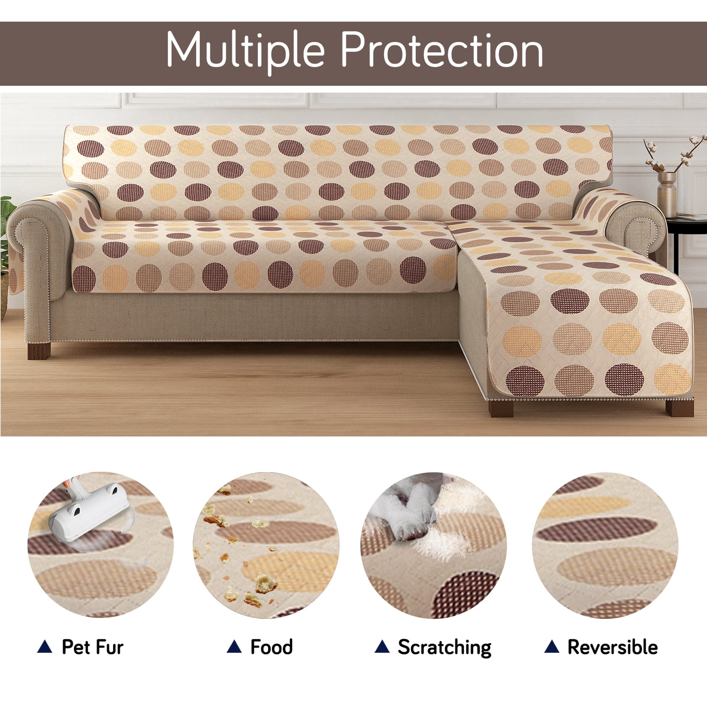 HomeHues Series Quilted Sofa Cover with Secure Fit Belt for L Shape sofa, Brown Polka Dot