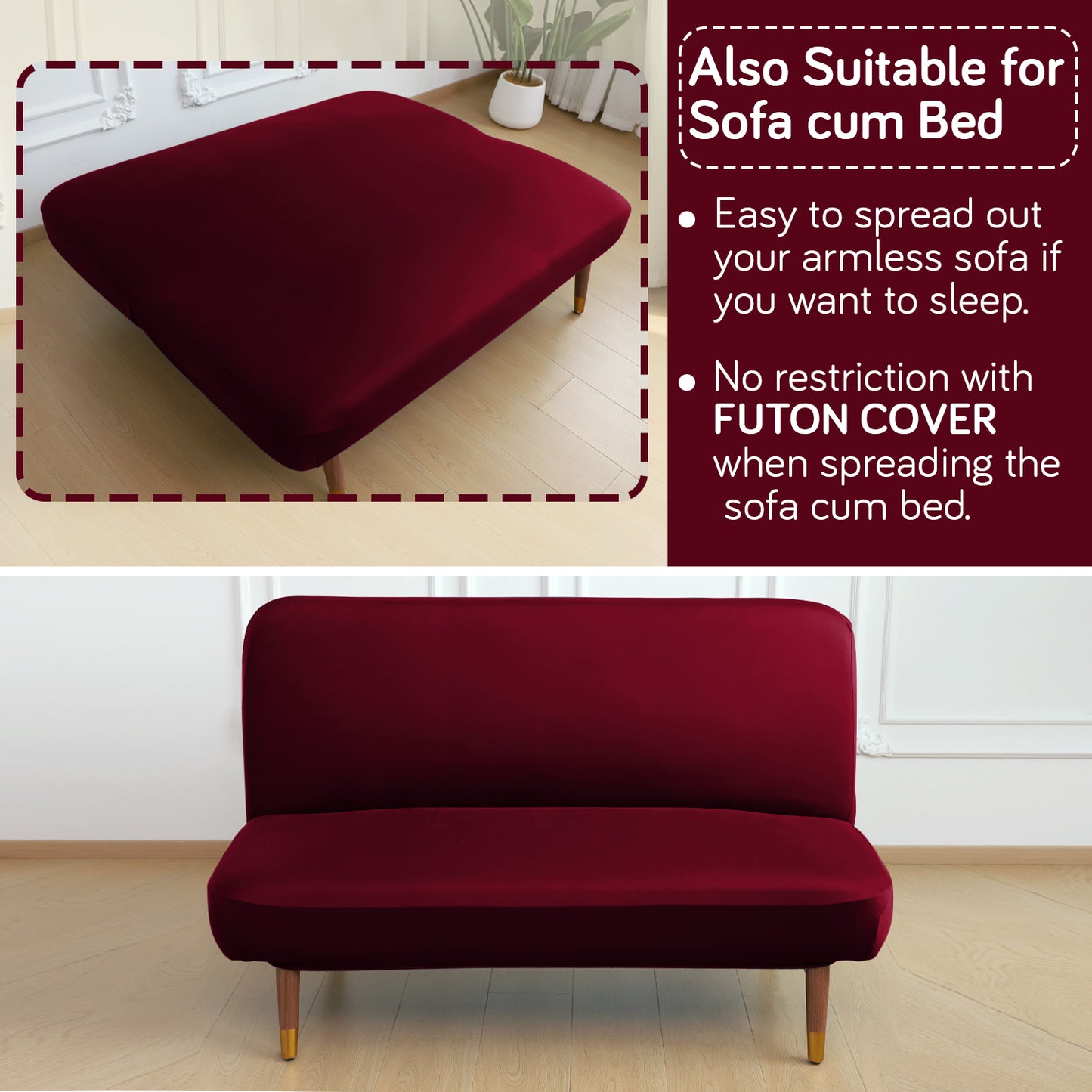 SereneSolids Stretchable Elastic Armless Sofa Cover – 140 GSM, Futon Slipcover, Easy Fit, Burgundy