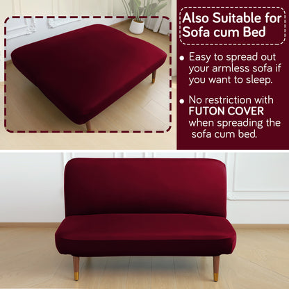 SereneSolids Stretchable Elastic Armless Sofa Cover – 140 GSM, Futon Slipcover, Easy Fit, Burgundy