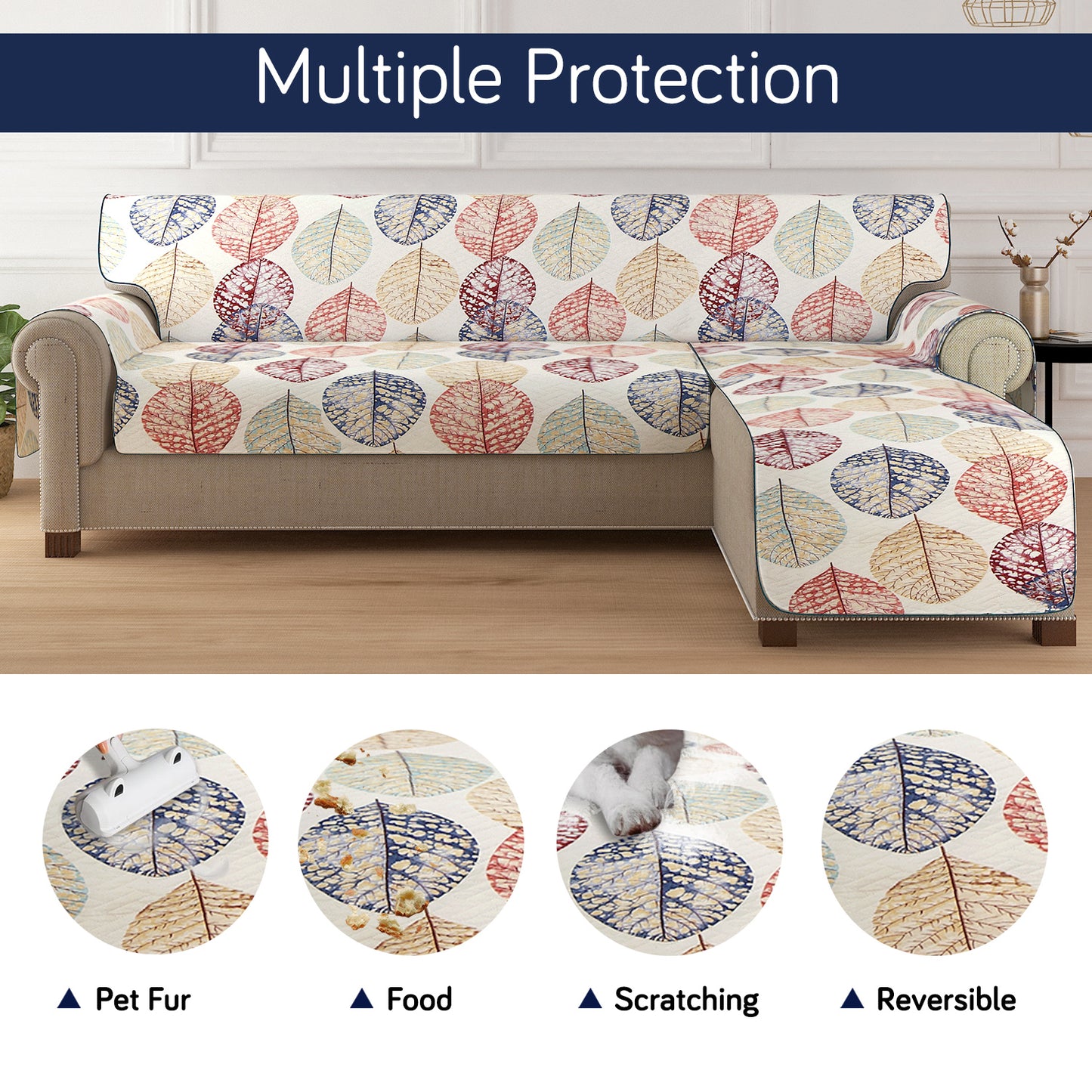 HomeHues Series Quilted Sofa Cover with Secure Fit Belt for L Shape sofa, Multicolor Linden Leaf