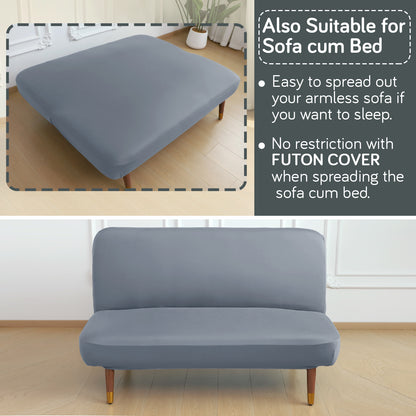 SereneSolids Stretchable Elastic Armless Sofa Cover – 140 GSM, Futon Slipcover, Easy Fit, Smokey Grey