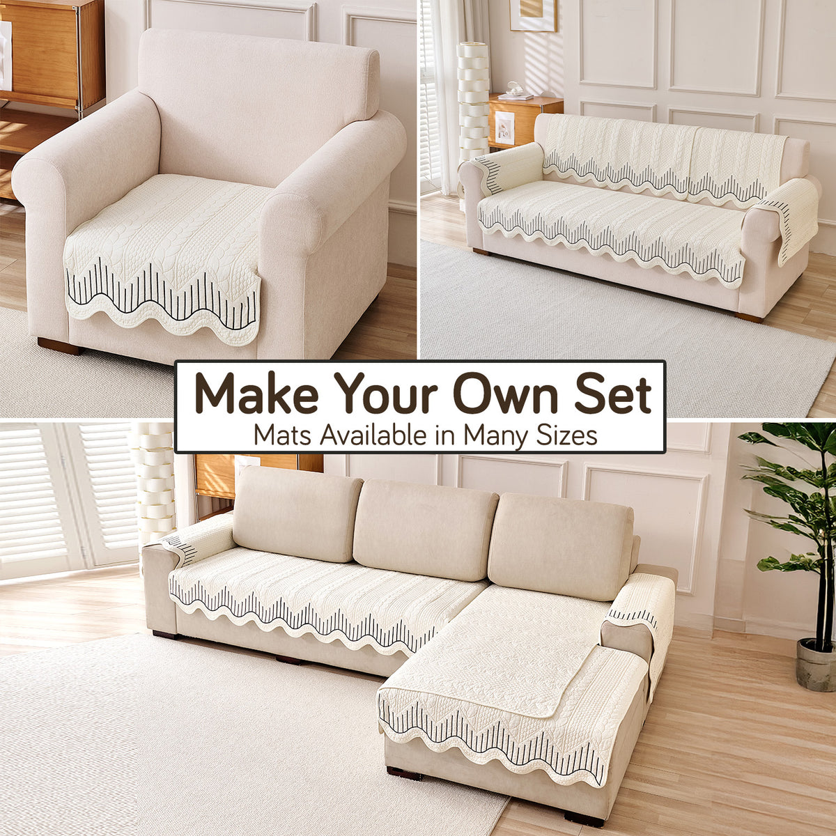 Cotton Reverie with a Curved Wavy Edge Sofa Mat, Midnight Cream