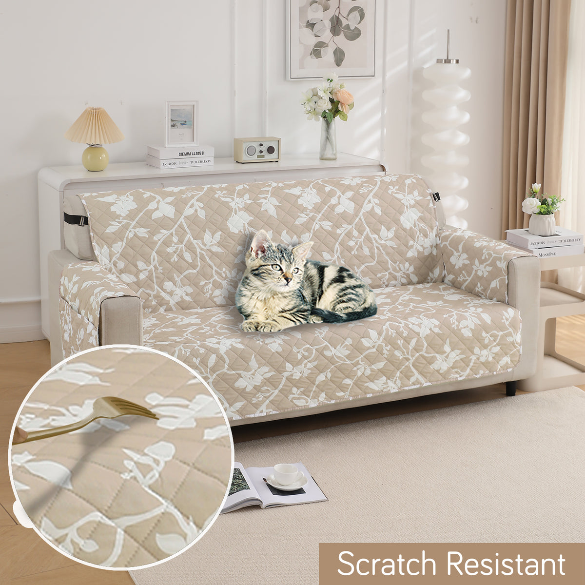 Waterproof & Quick-Dry Quilted Sofa Cover with Pockets on Armrest, Buff Brown Sillehoute Floral