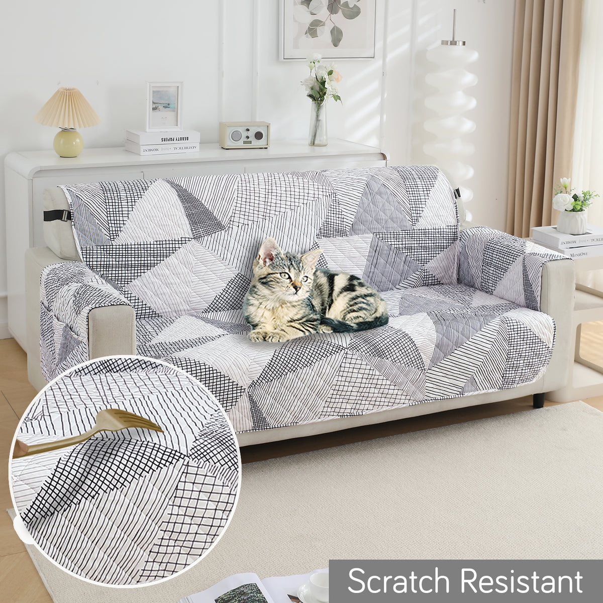 Waterproof & Quick-Dry Quilted Sofa Cover with Pockets on Armrest, Snow White Black Geometry