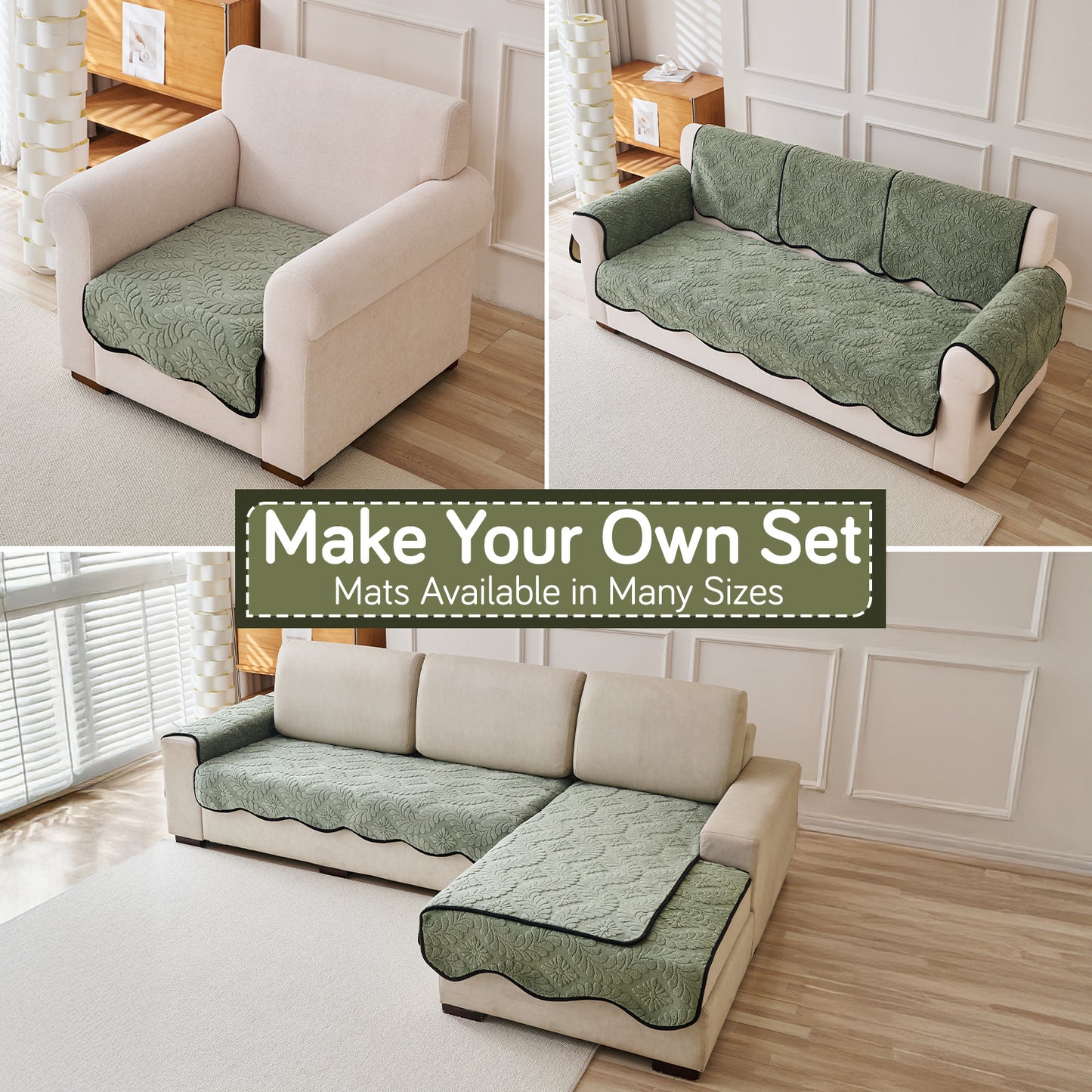 Embossed Floral Jacquard Anti-Slip Sofa Cover Mat, 'Wavy Petal Crest Series' Sage Green