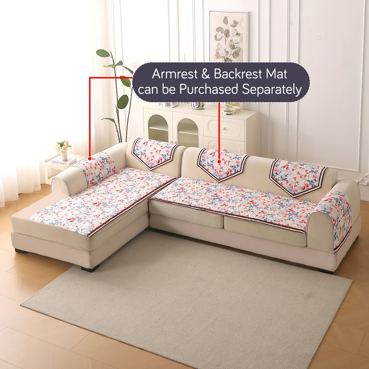 Florentina Series Quilted Holland Velvet L Shape Sofa Seat Mat - Scarlet Rose Ivory