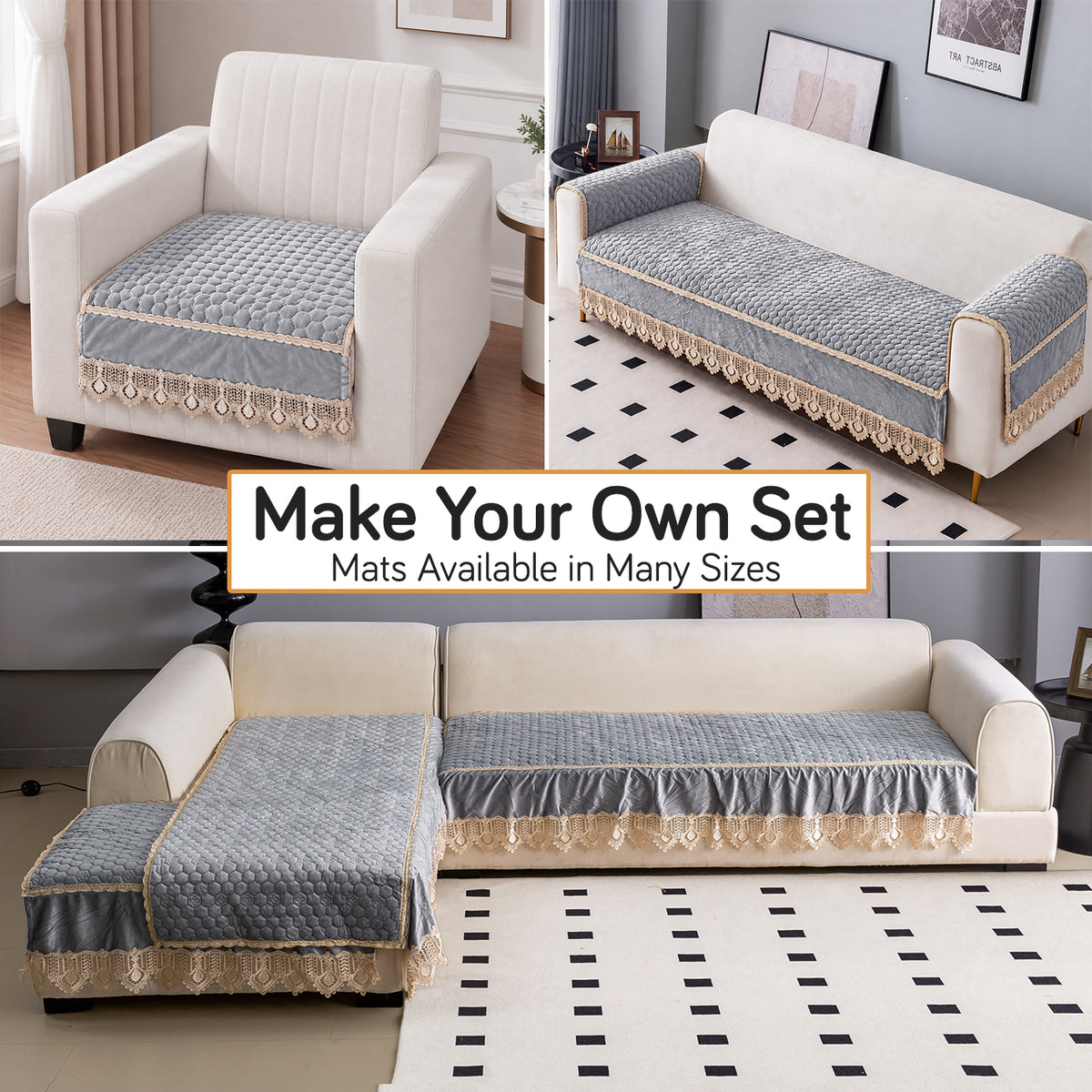 Dutch Noir Velvet with Lace Sofa Cover Mat, Light Grey