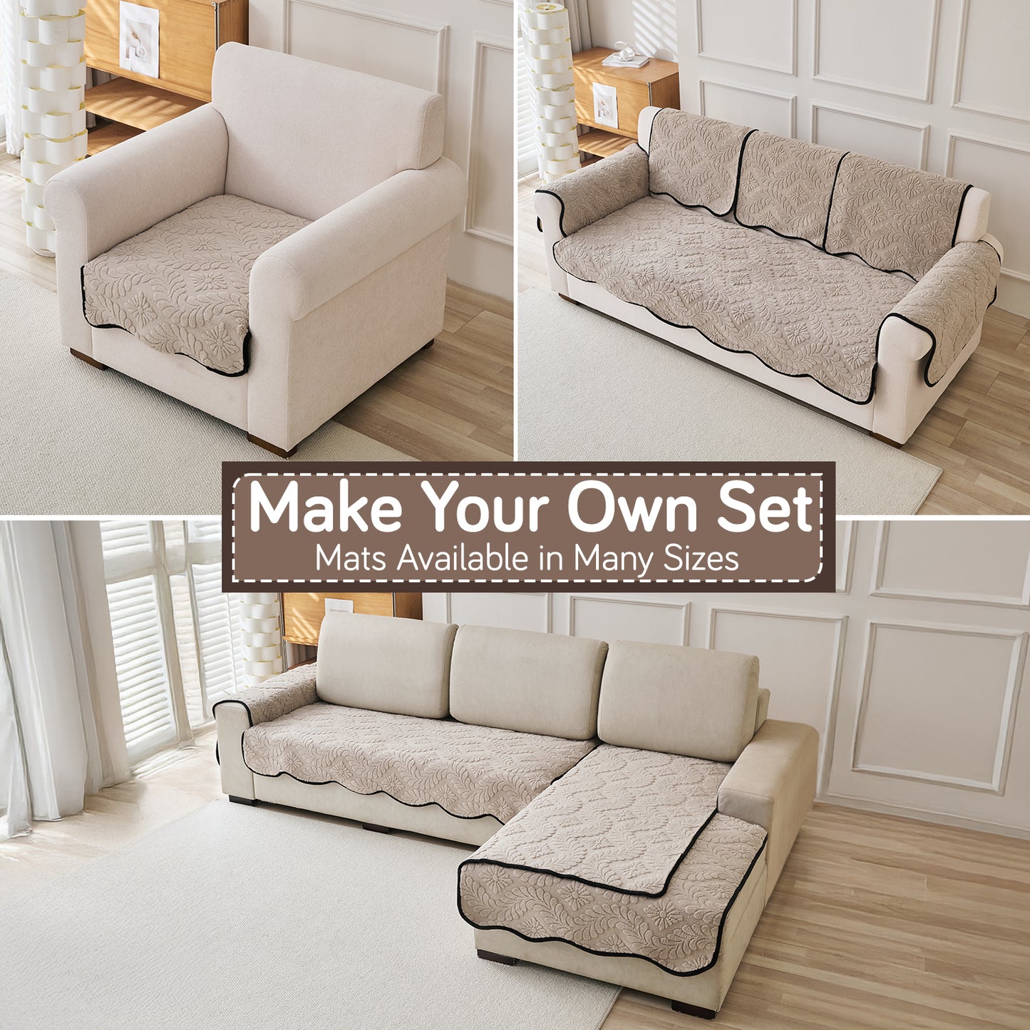 Embossed Floral Jacquard Anti-Slip Sofa Cover Mat, 'Wavy Petal Crest Series' Soft Brown