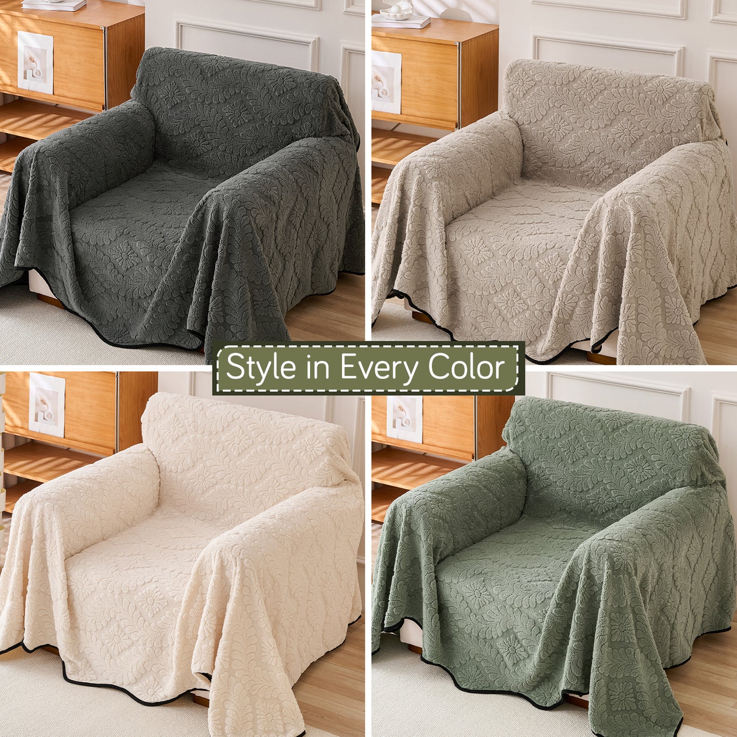 'Wavy Petal Crest Series' Plush Sofa Cover Throw for Complete Sofa, Sage Green