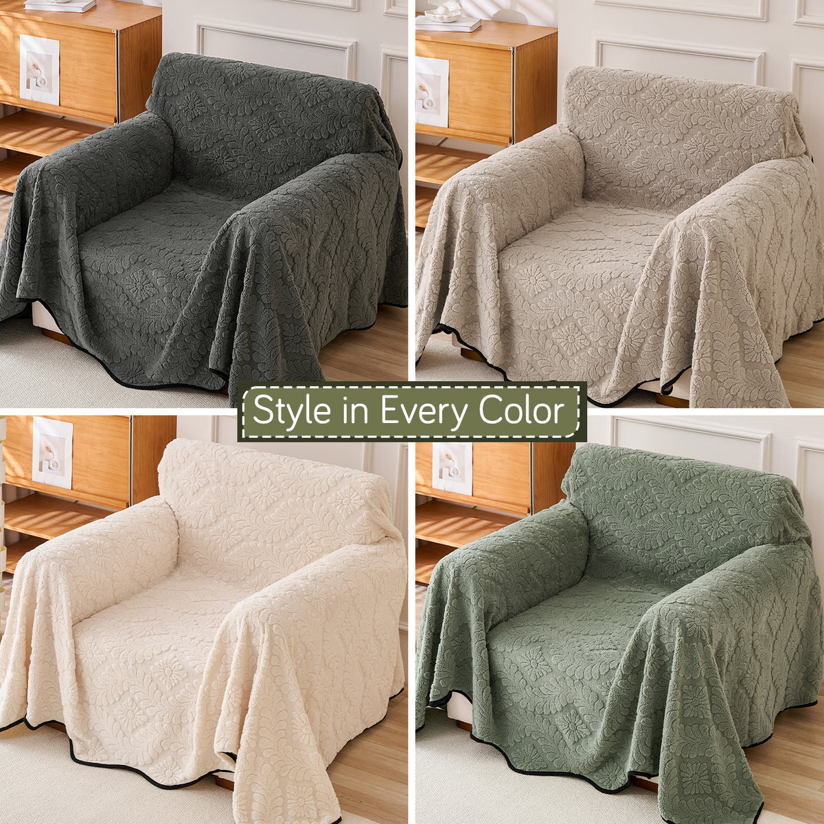 'Wavy Petal Crest Series' Plush Sofa Cover Throw for Complete Sofa, Sage Green