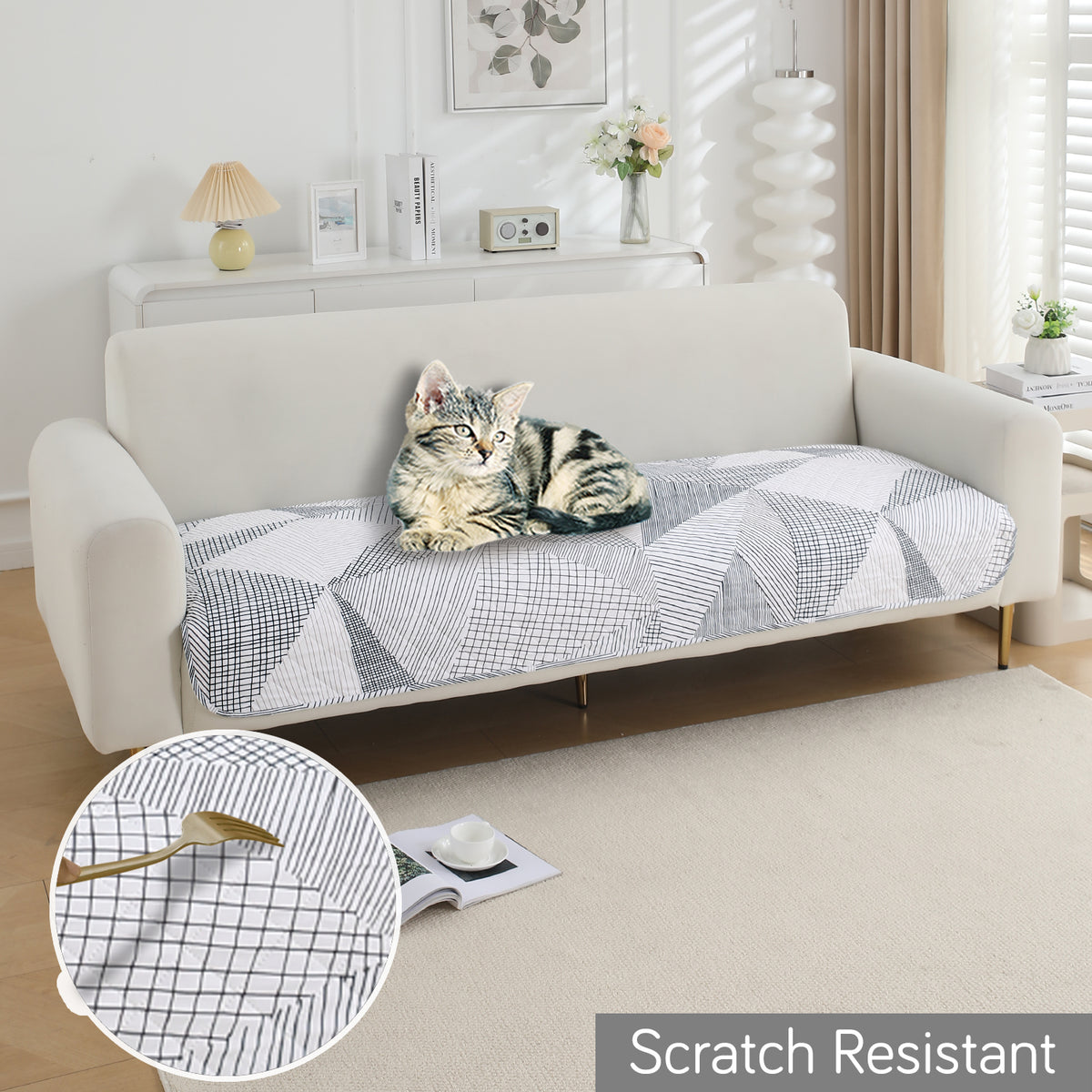 Water Repellent + Waterproof Quilted Sofa Mats, Snow White Black Geometry