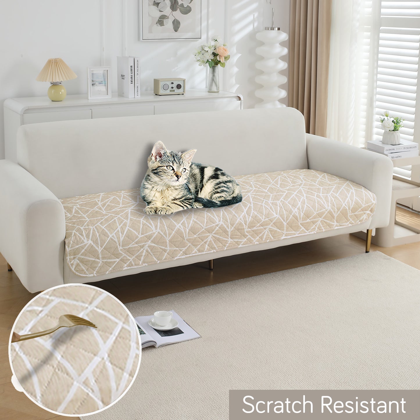 HOKIPO Water Repellent + Waterproof Quilted Sofa Mats, Beige Abstract Geometry