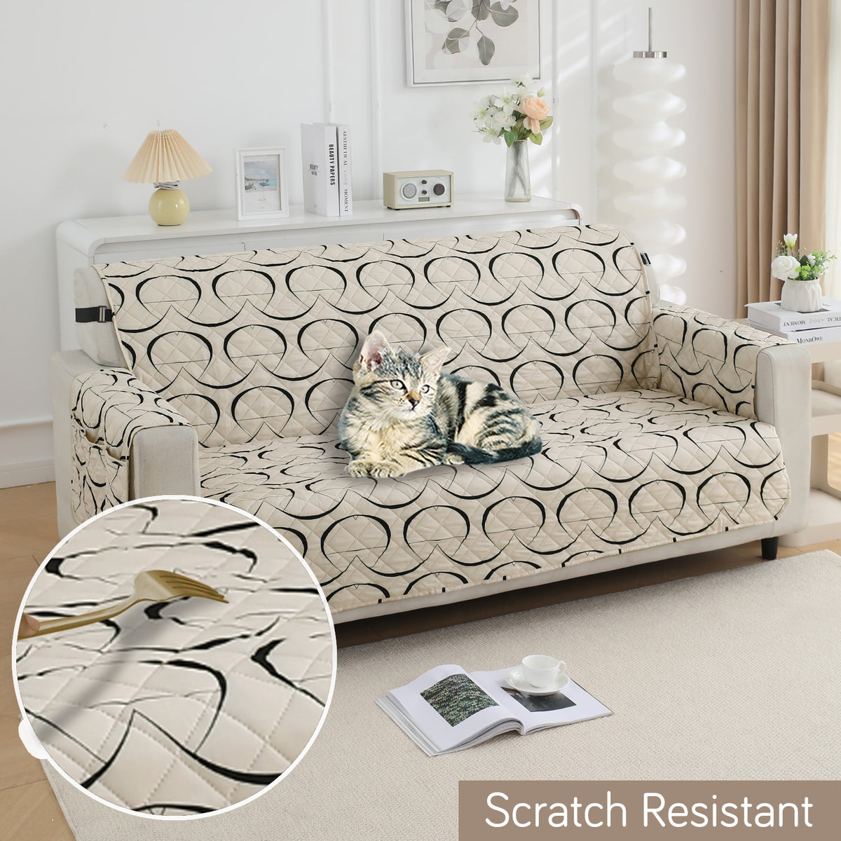 Waterproof & Quick-Dry Quilted Sofa Cover with Pockets on Armrest, Natural Beige Abstract Art