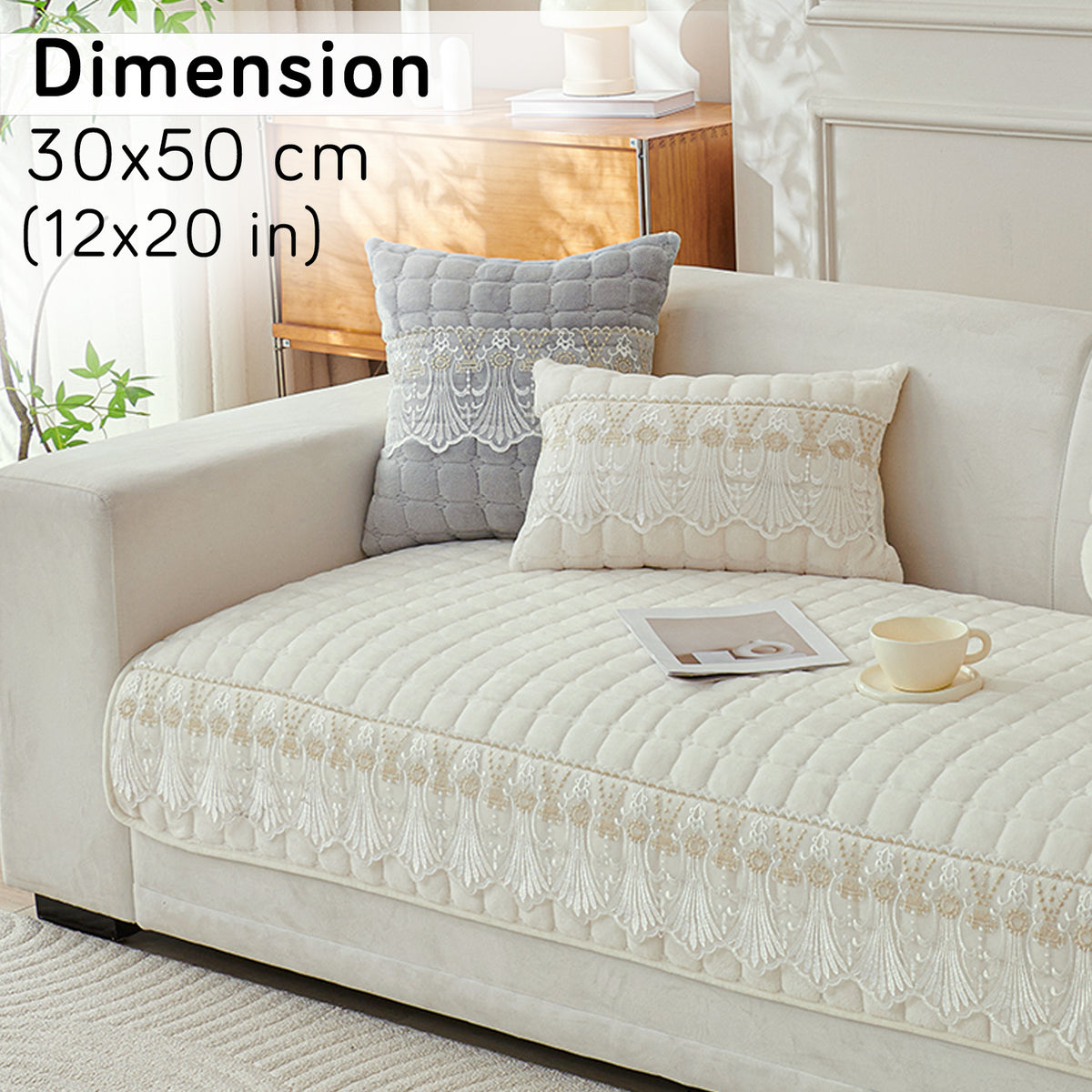 Premium Milk Velvet Sofa Cushion Cover with Lace Design, Pearl White