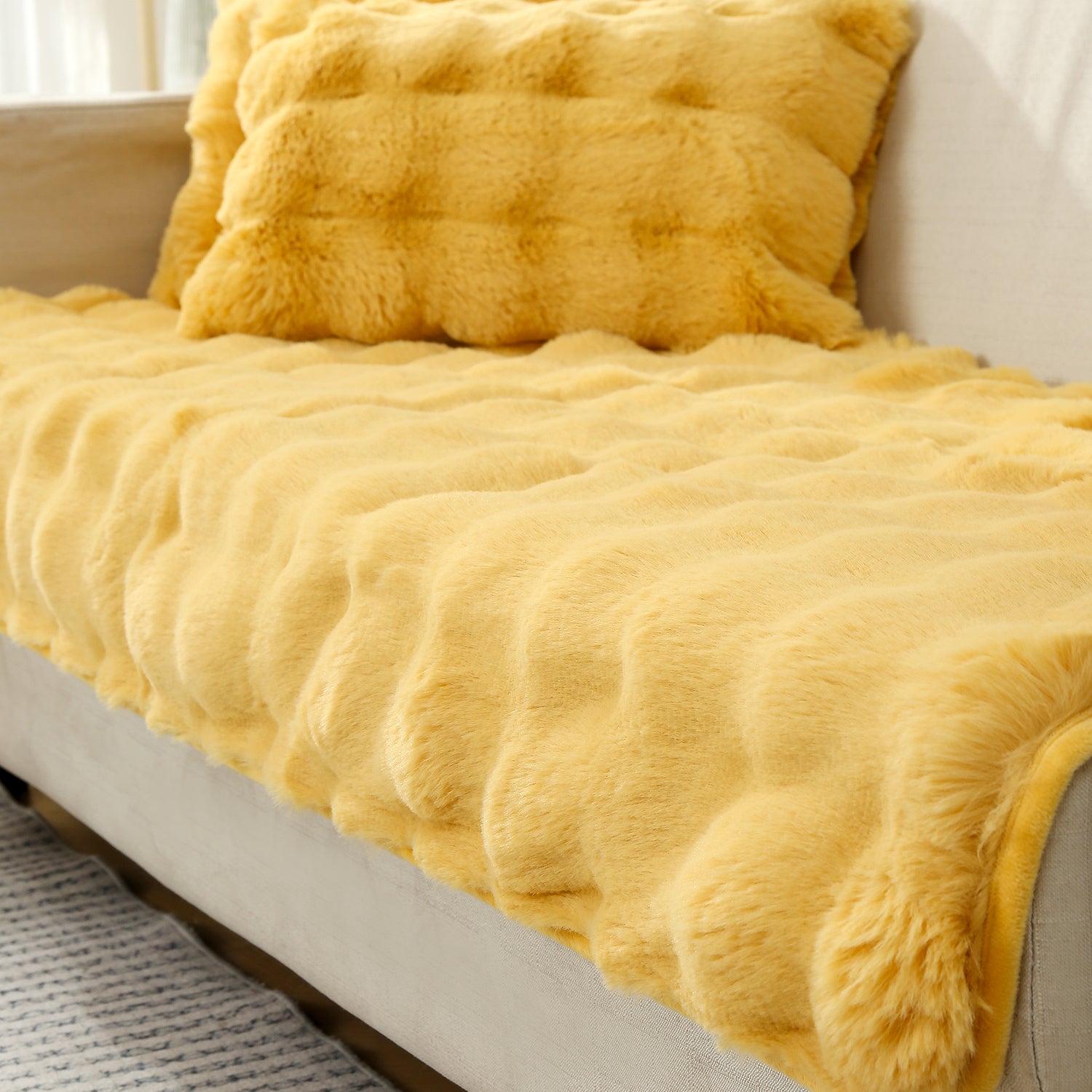 Premium Faux Rabbit Fur Sofa Mat for L Shape Sofa (3+2 Seater), Honey Yellow