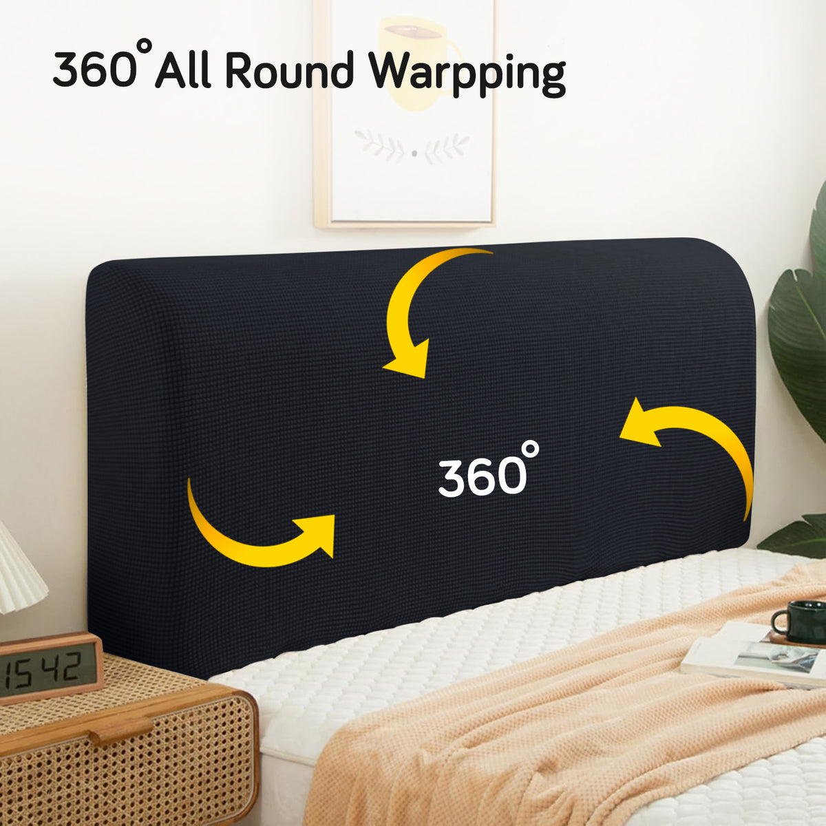 Buy Black Colour Stretchable jacquard bed headboard cover with 360 degree all-round wrapping