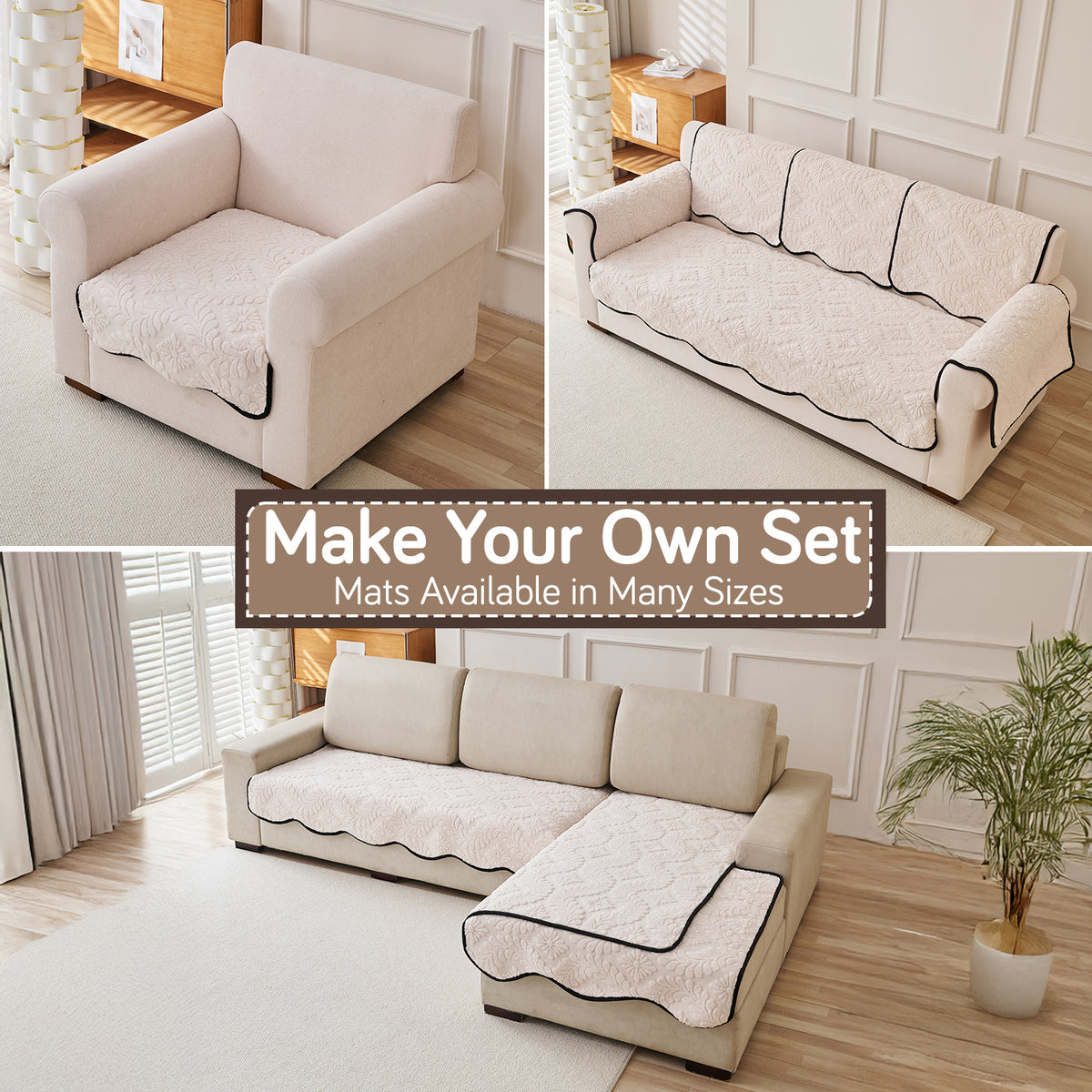 Embossed Floral Jacquard Anti-Slip Sofa Cover Mat, 'Wavy Petal Crest Series' Light Cream