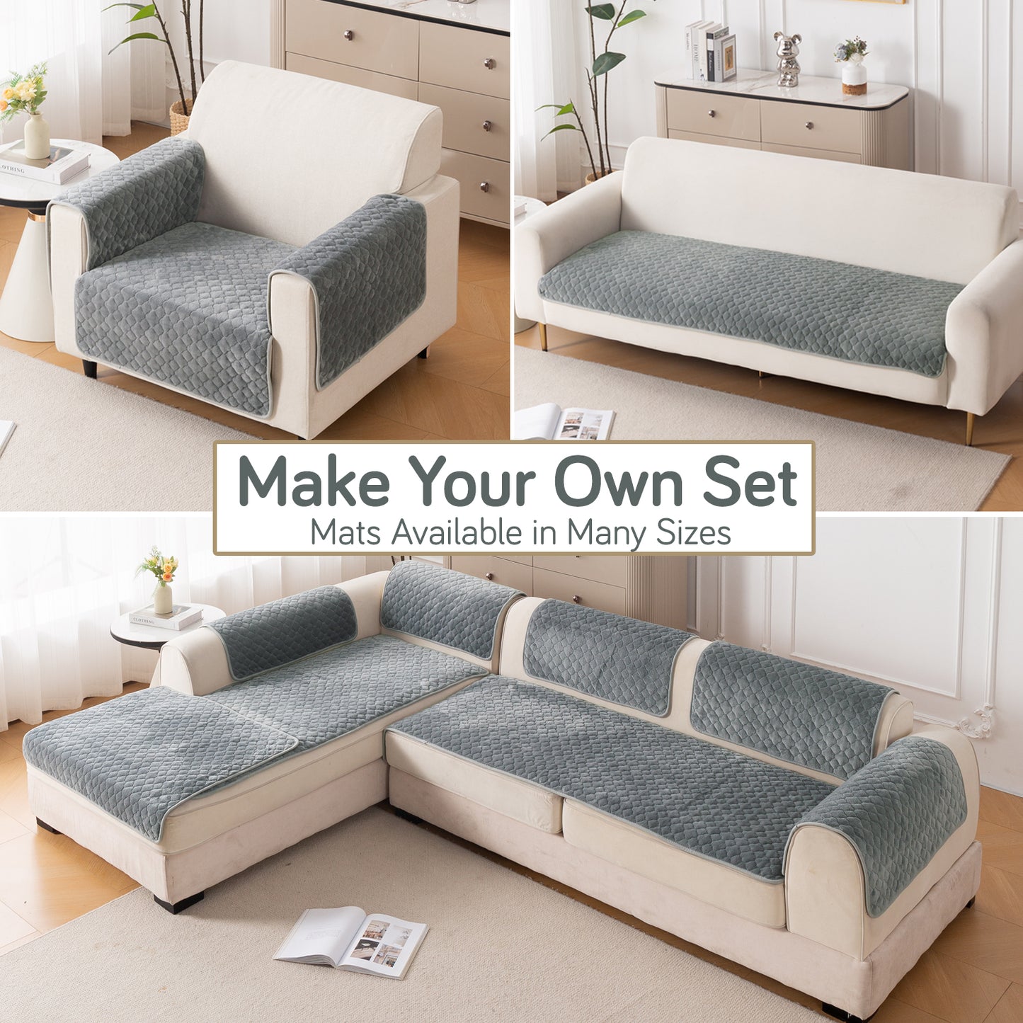 Diamond Plush Pebble Quilted Sofa Cover Mat, Grey