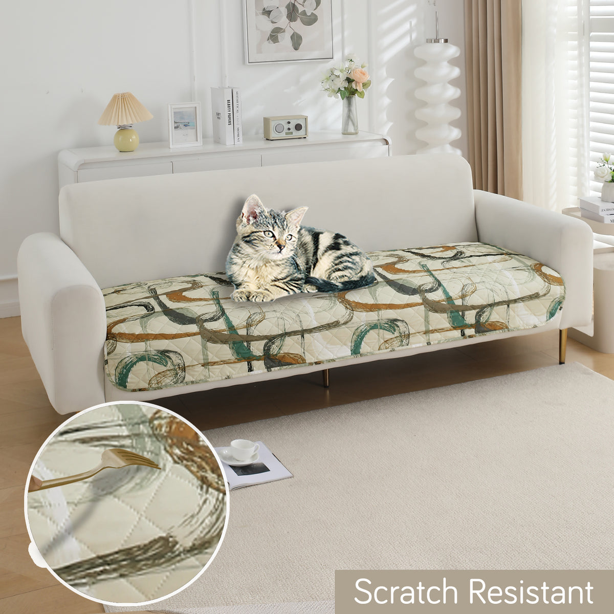 Water Repellent + Waterproof Quilted Sofa Mats, Parchement Beige Abstract Art