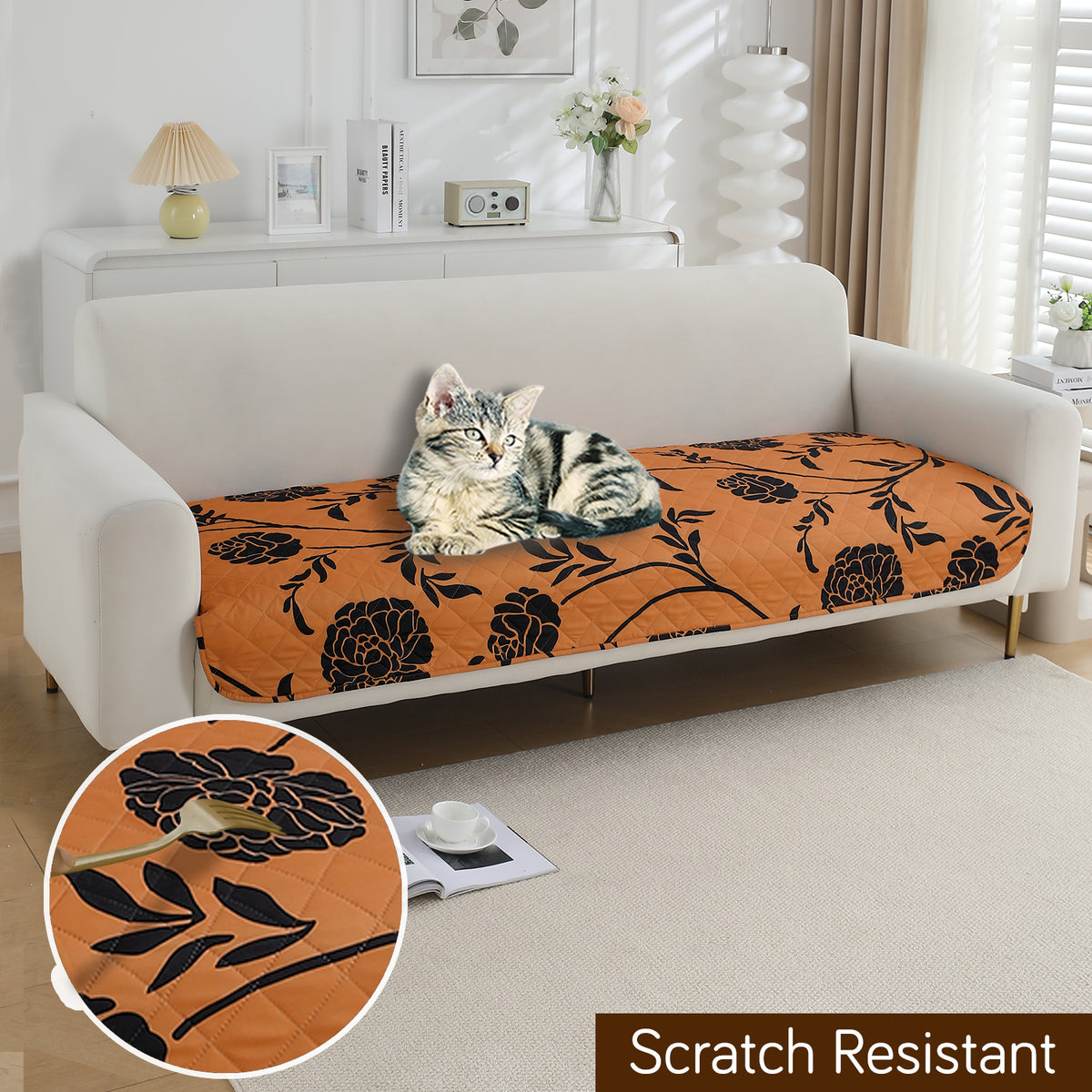 Water Repellent + Waterproof Quilted Sofa Mats, Copper Brown Floral