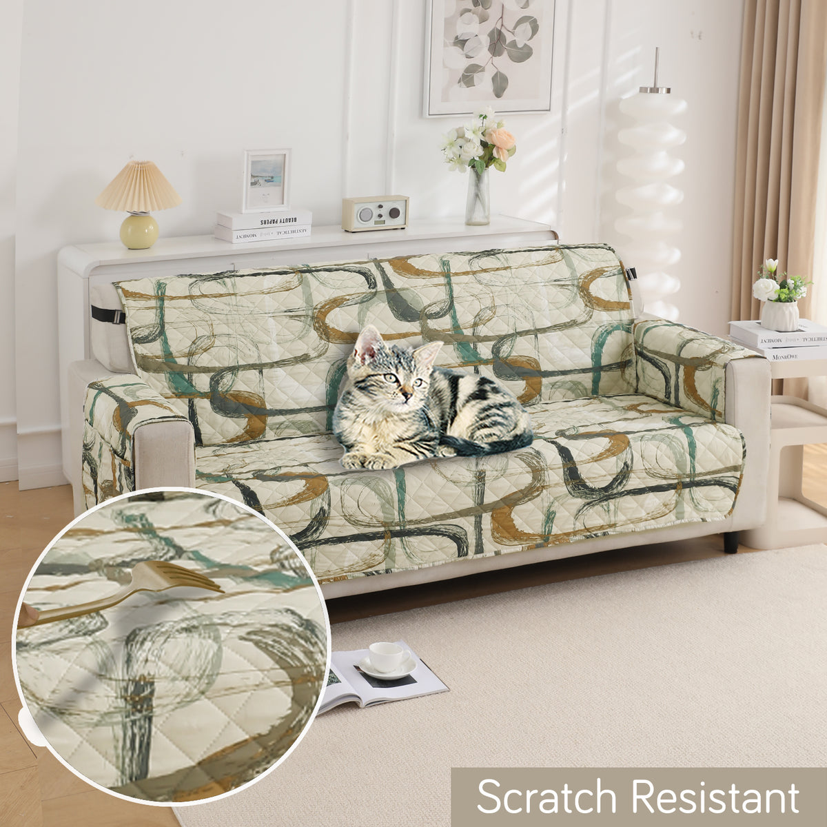 Waterproof & Quick-Dry Quilted Sofa Cover with Pockets on Armrest, Parchement Beige Abstract Art