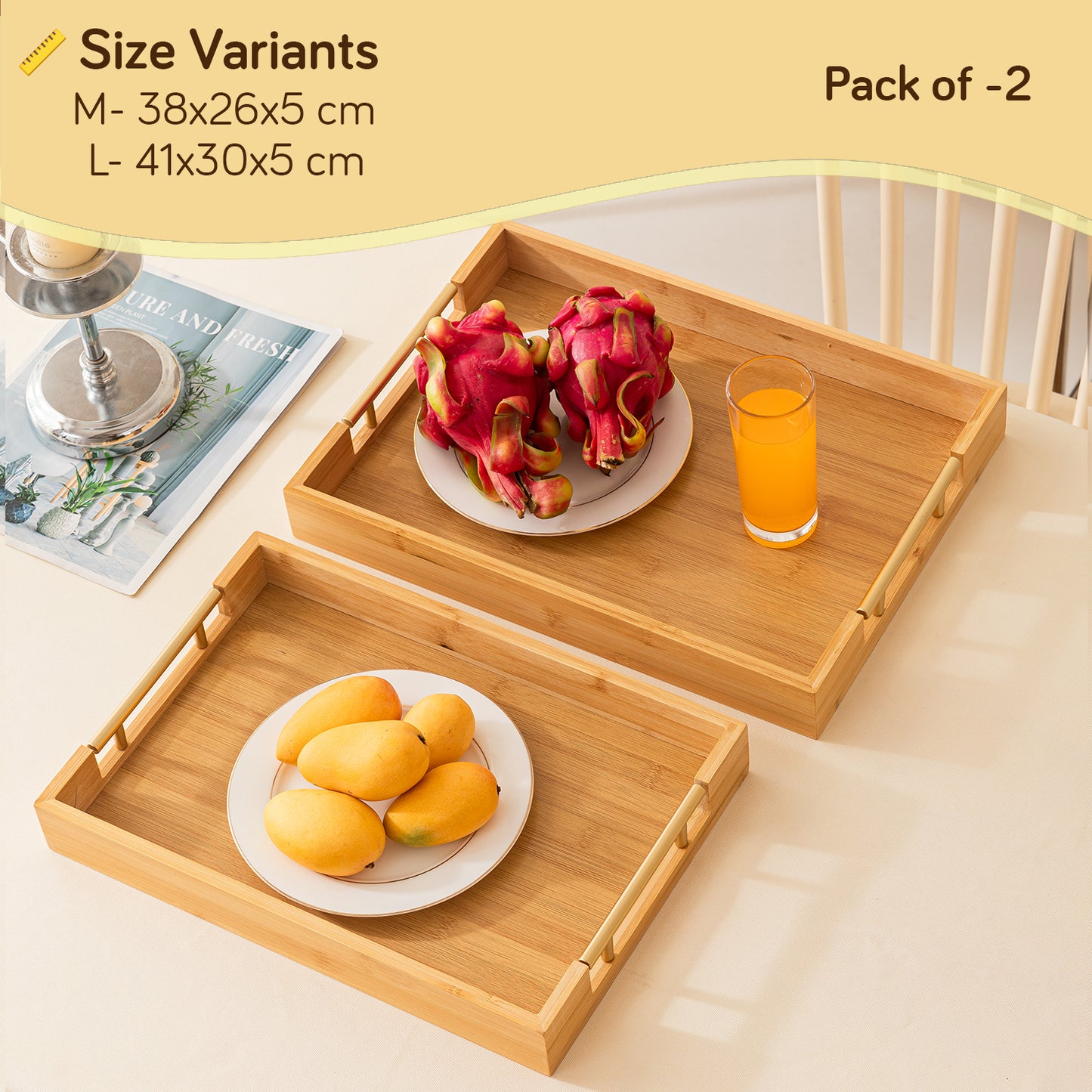 Bamboo Set of 2/3 Serving Tray Set with Gold Handles – Elegant Wooden Trays for Kitchen