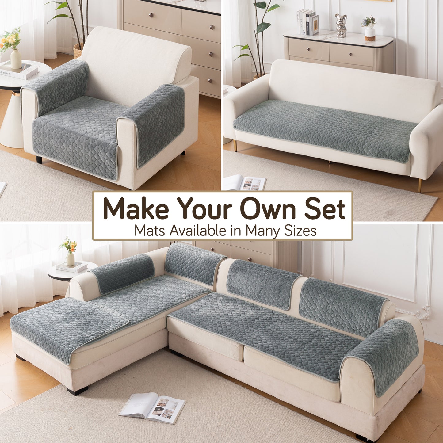 Diamond Plush Pebble Quilted Sofa Cover Mat, Grey