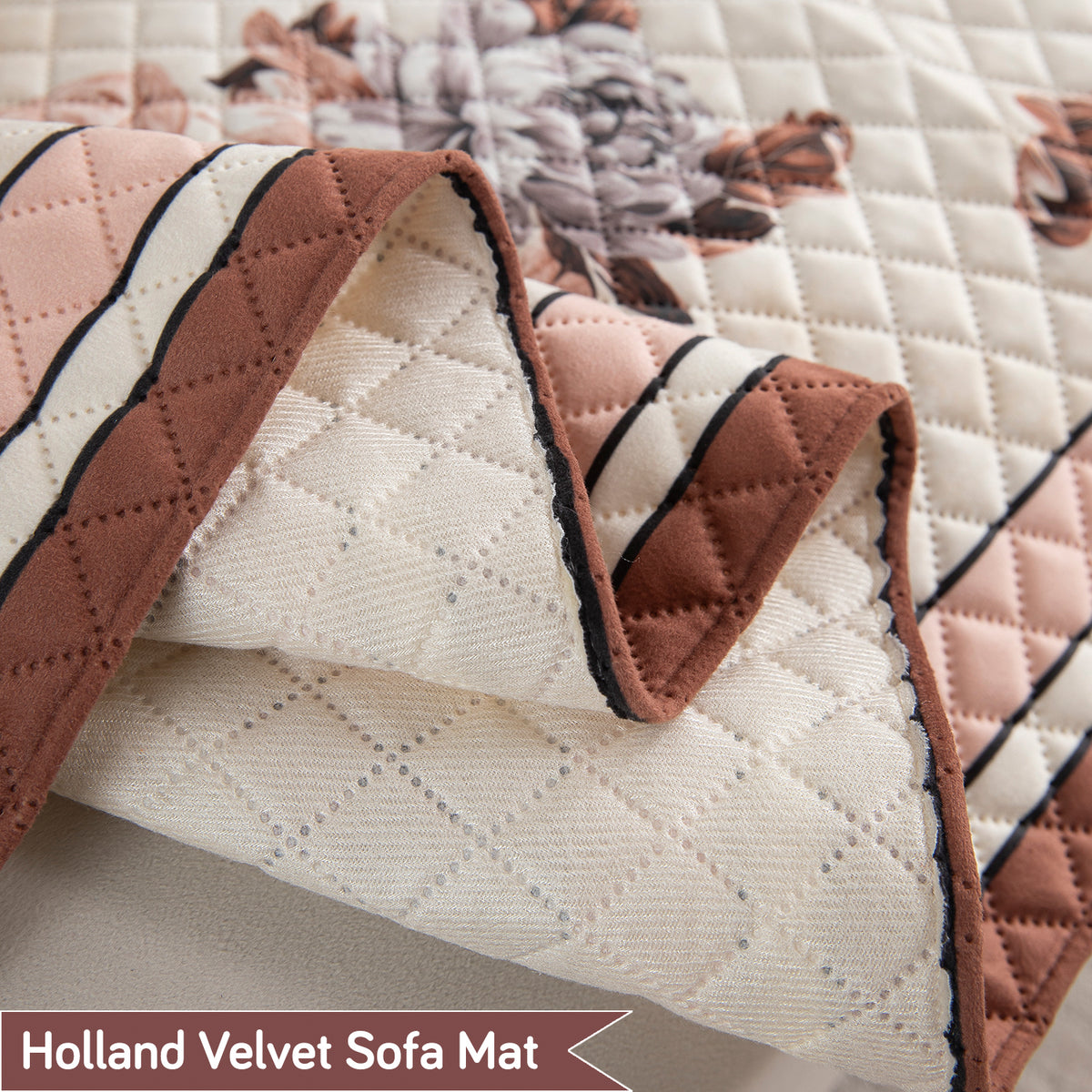 LiefNest Holland Velvet Sofa Cover Mat with Foam Filling -  Chrysanthemum Bloom Soft Beige