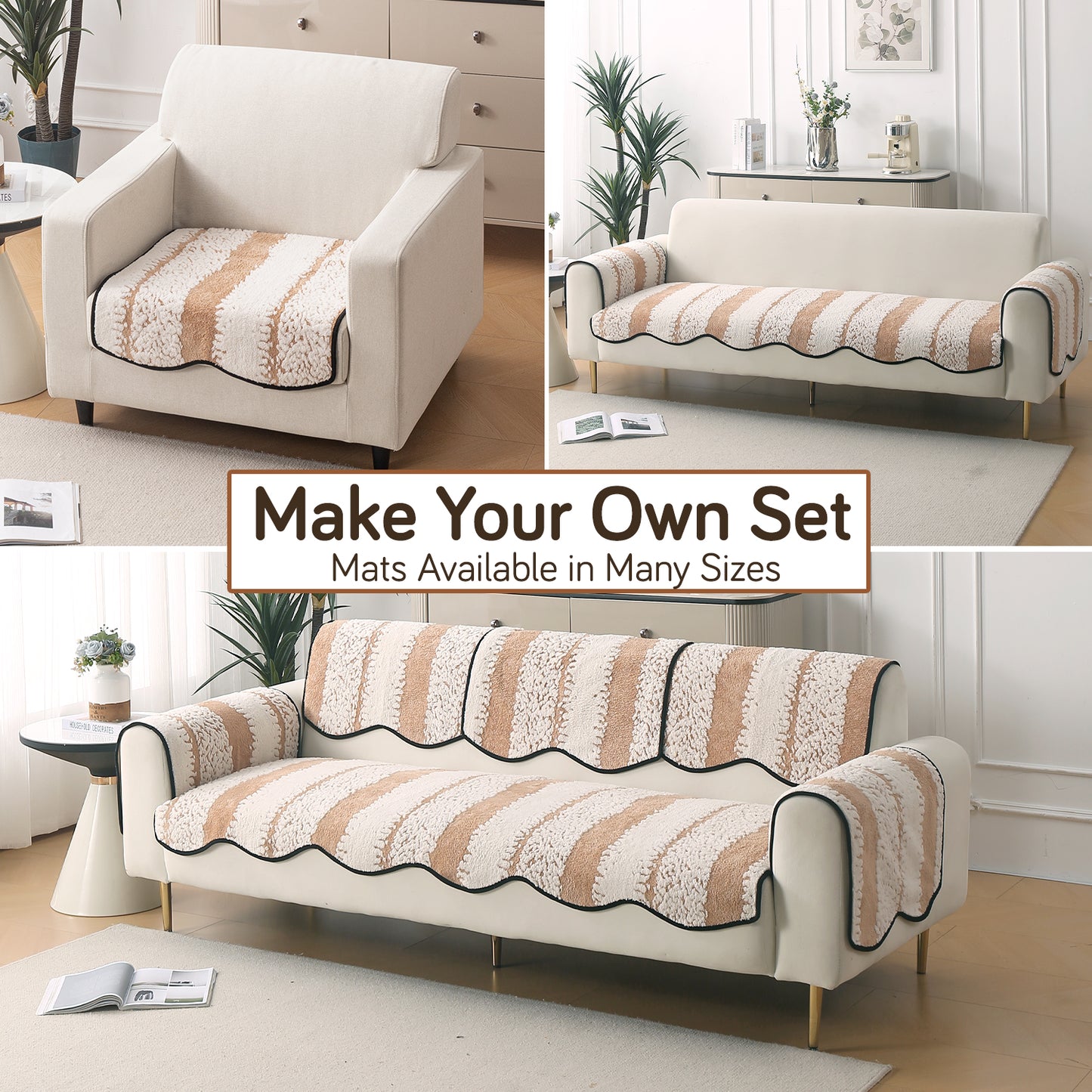 Luxury Wavy Plush Anti-Slip Sofa Cover Mats - Desert Brown