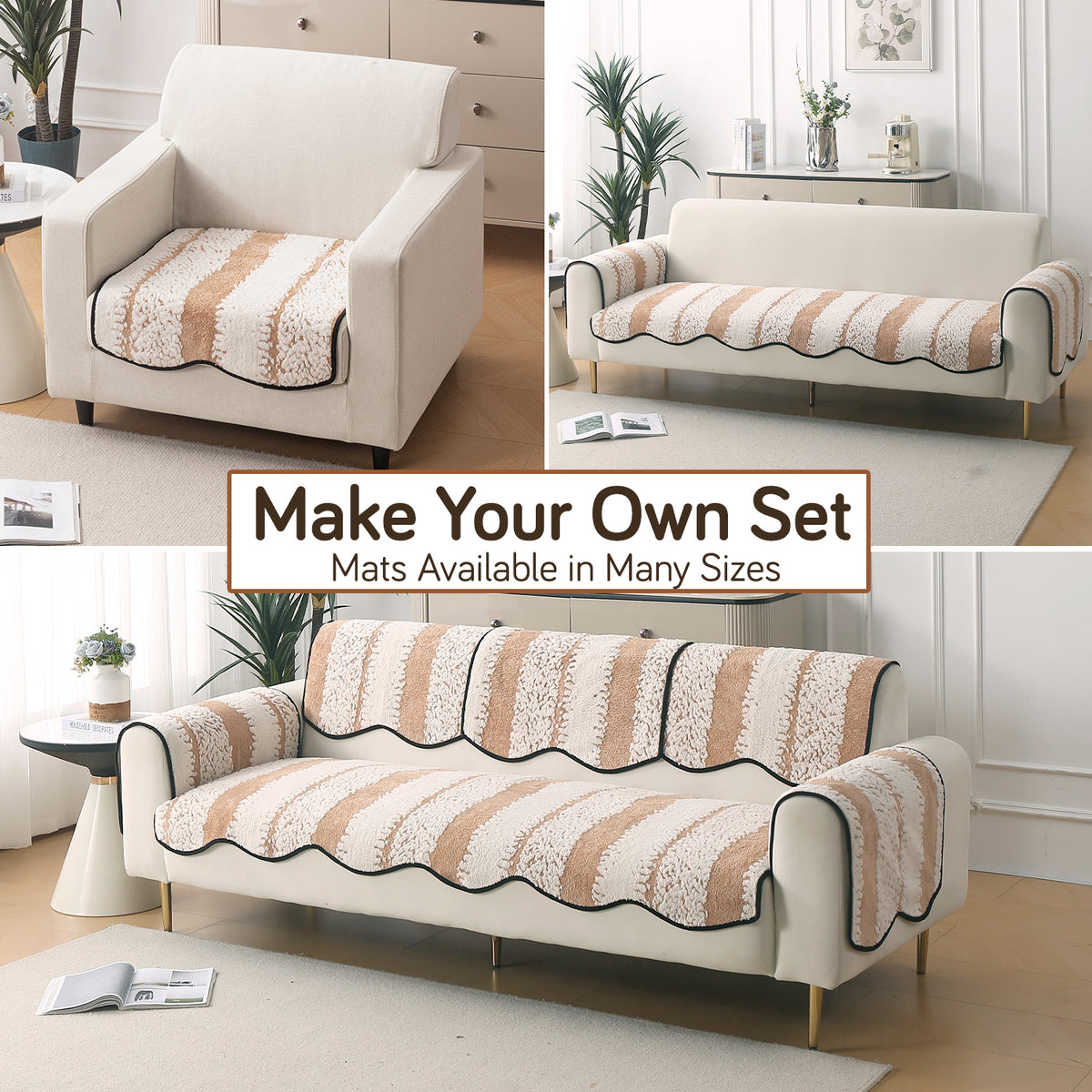 Luxury Wavy Plush Anti-Slip Sofa Cover Mats - Desert Brown