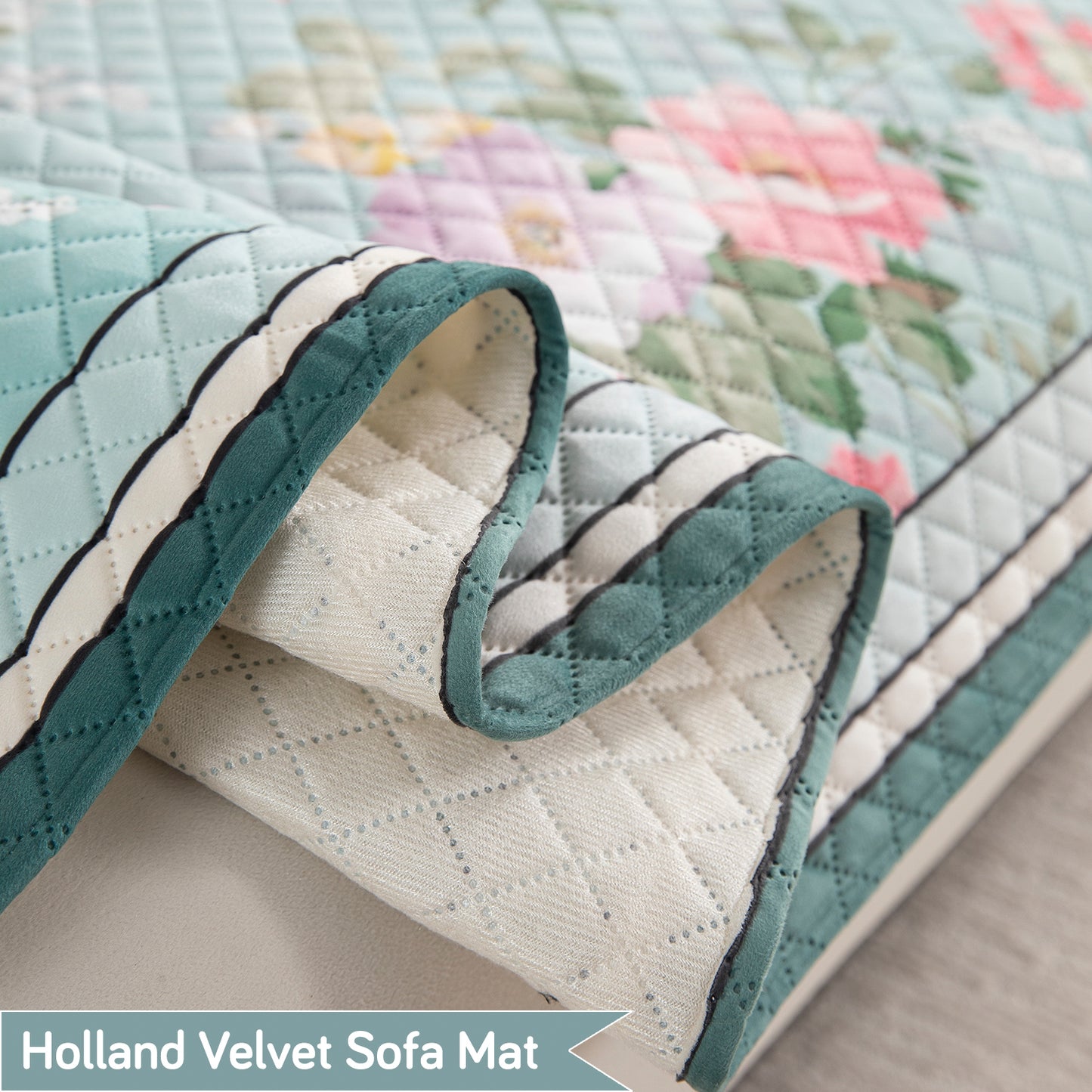 LiefNest Printed Holland Velvet L Shape Sofa Seat Mat with Foam Filling - Fresh Floral Pastel Blue
